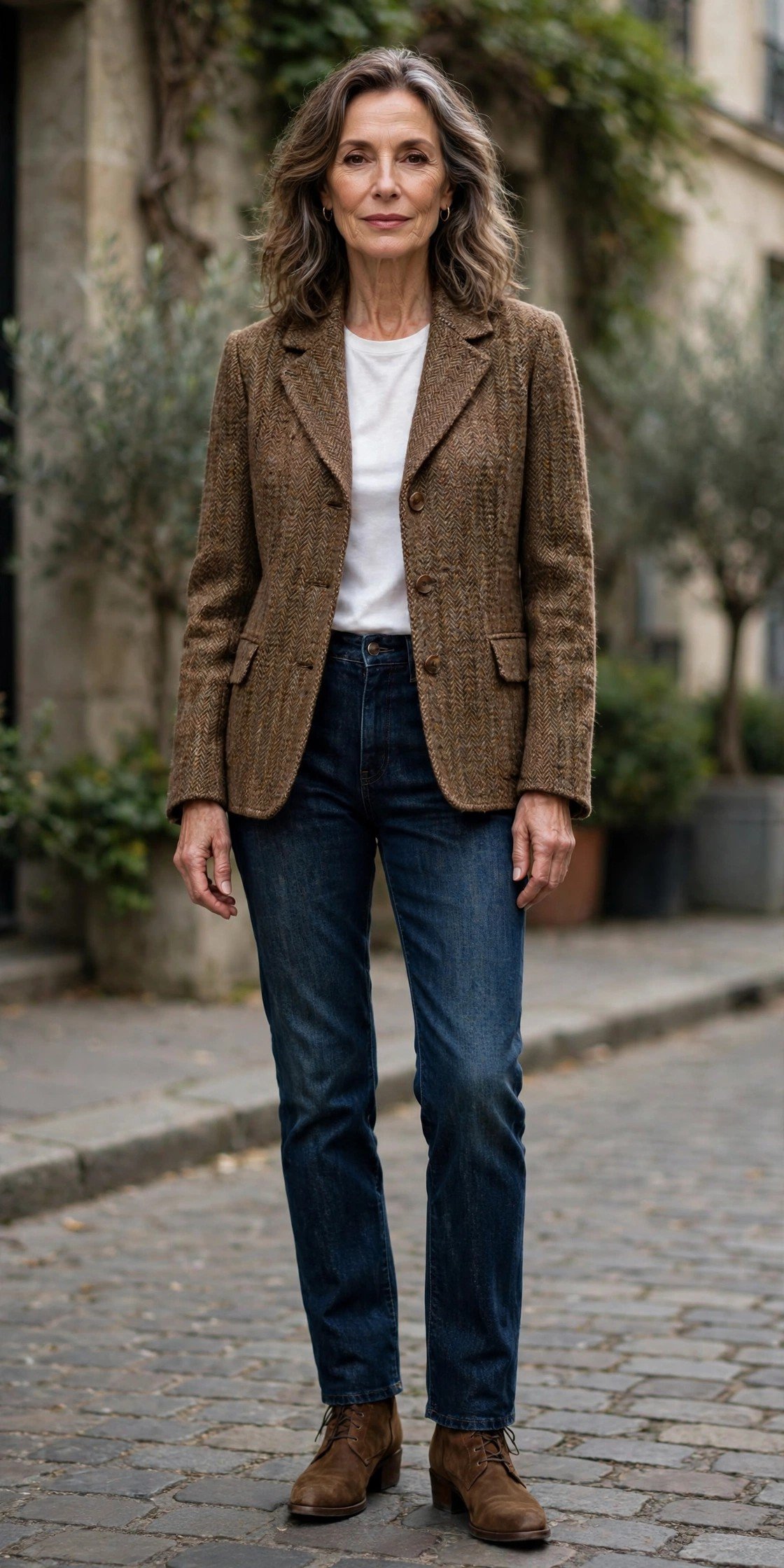 Tweed jacket with dark denim