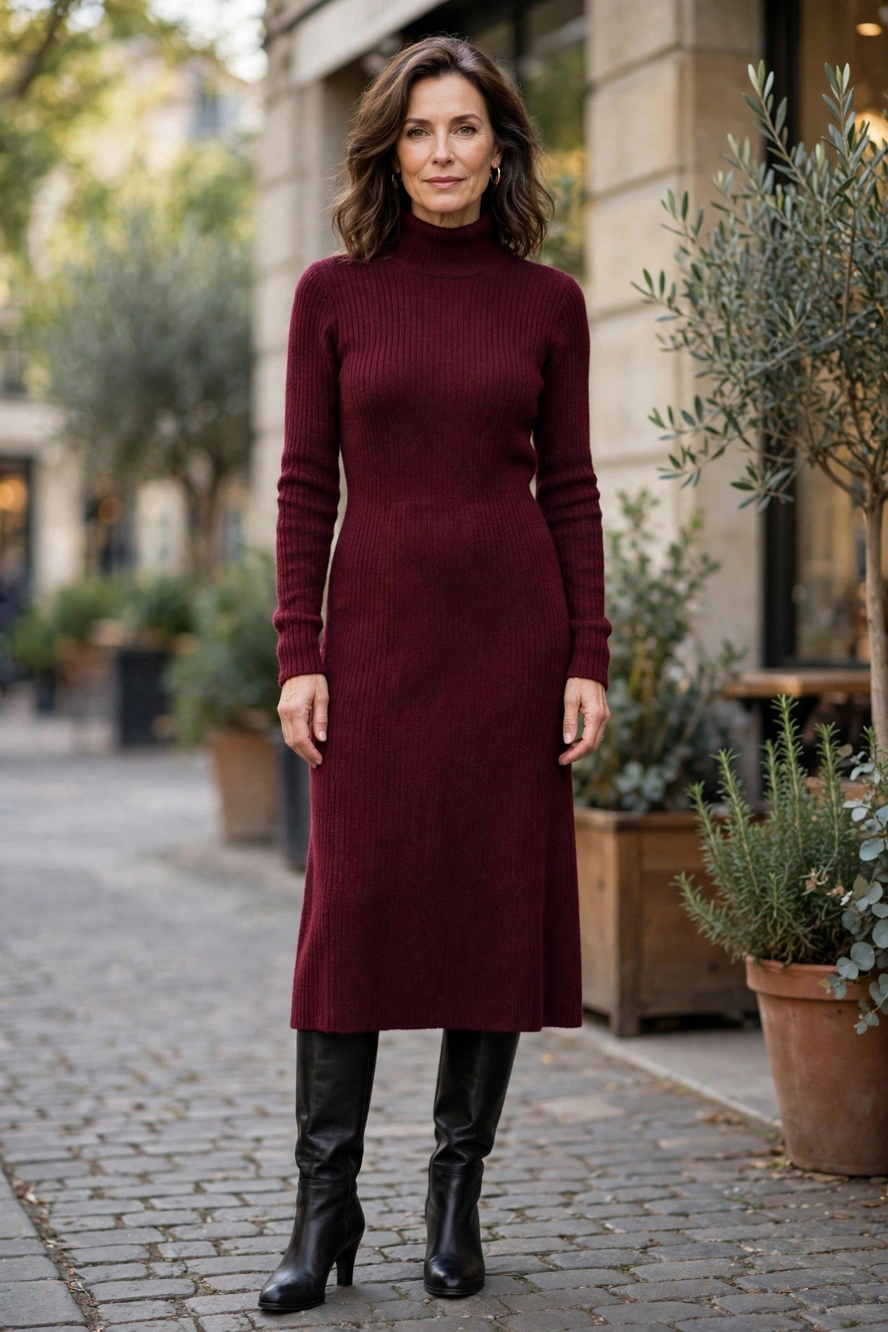 Knit midi dress with knee-high boots