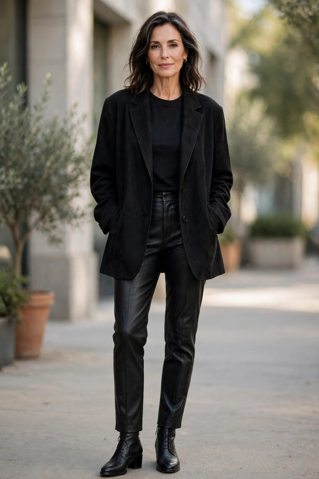 Oversized blazer with leather-look trousers