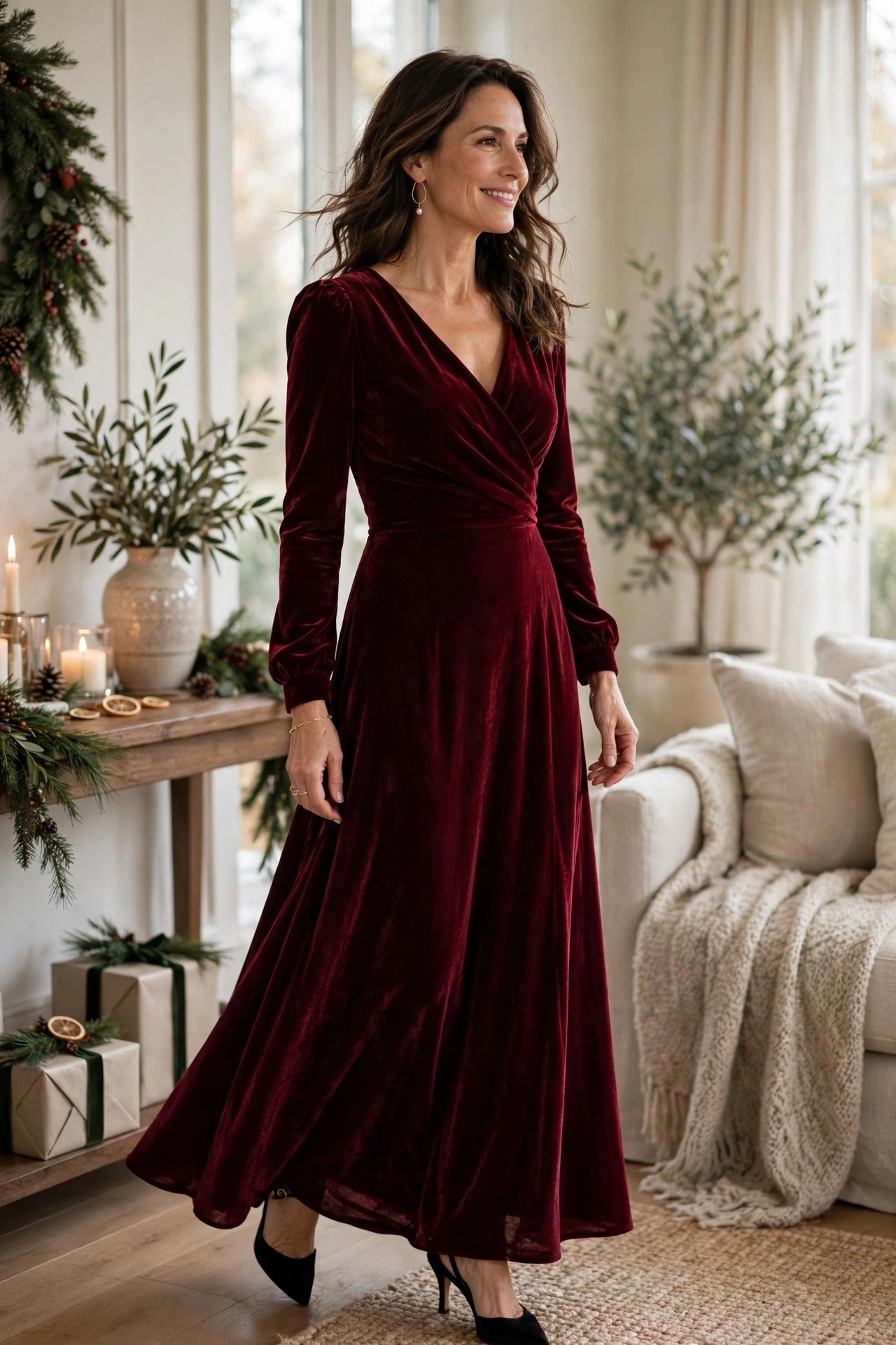 Elegant woman in burgundy gown outdoor portrait