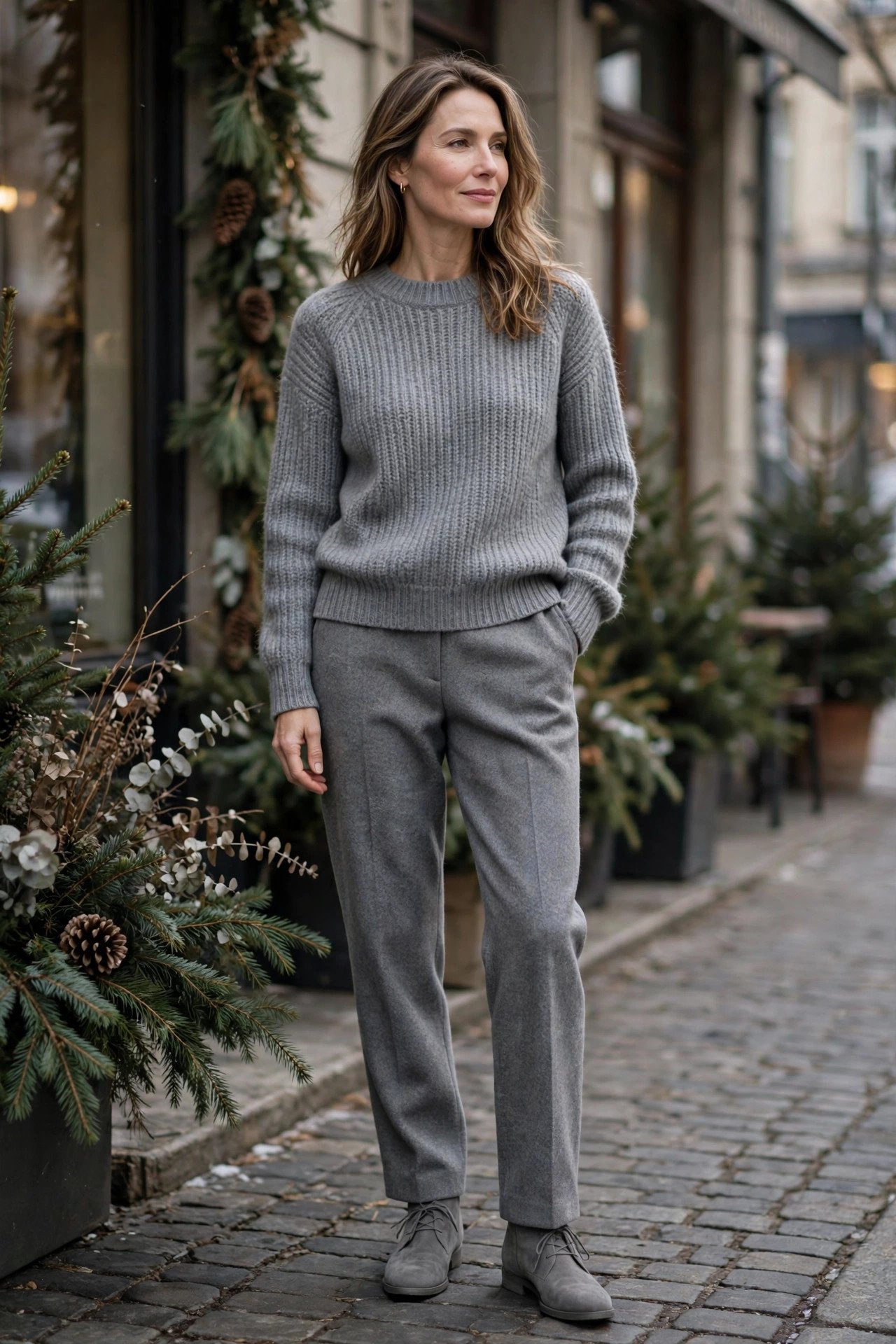 Woman in gray turtleneck sweater