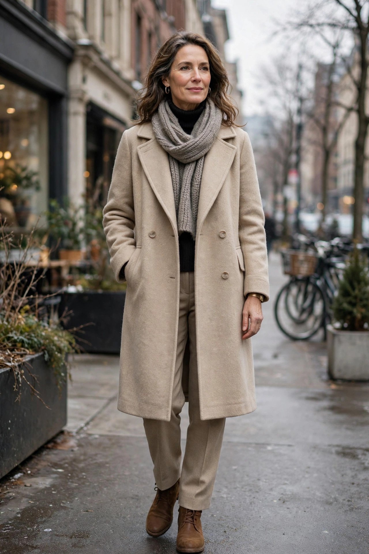 Chic woman in beige coat and scarf with designer bag