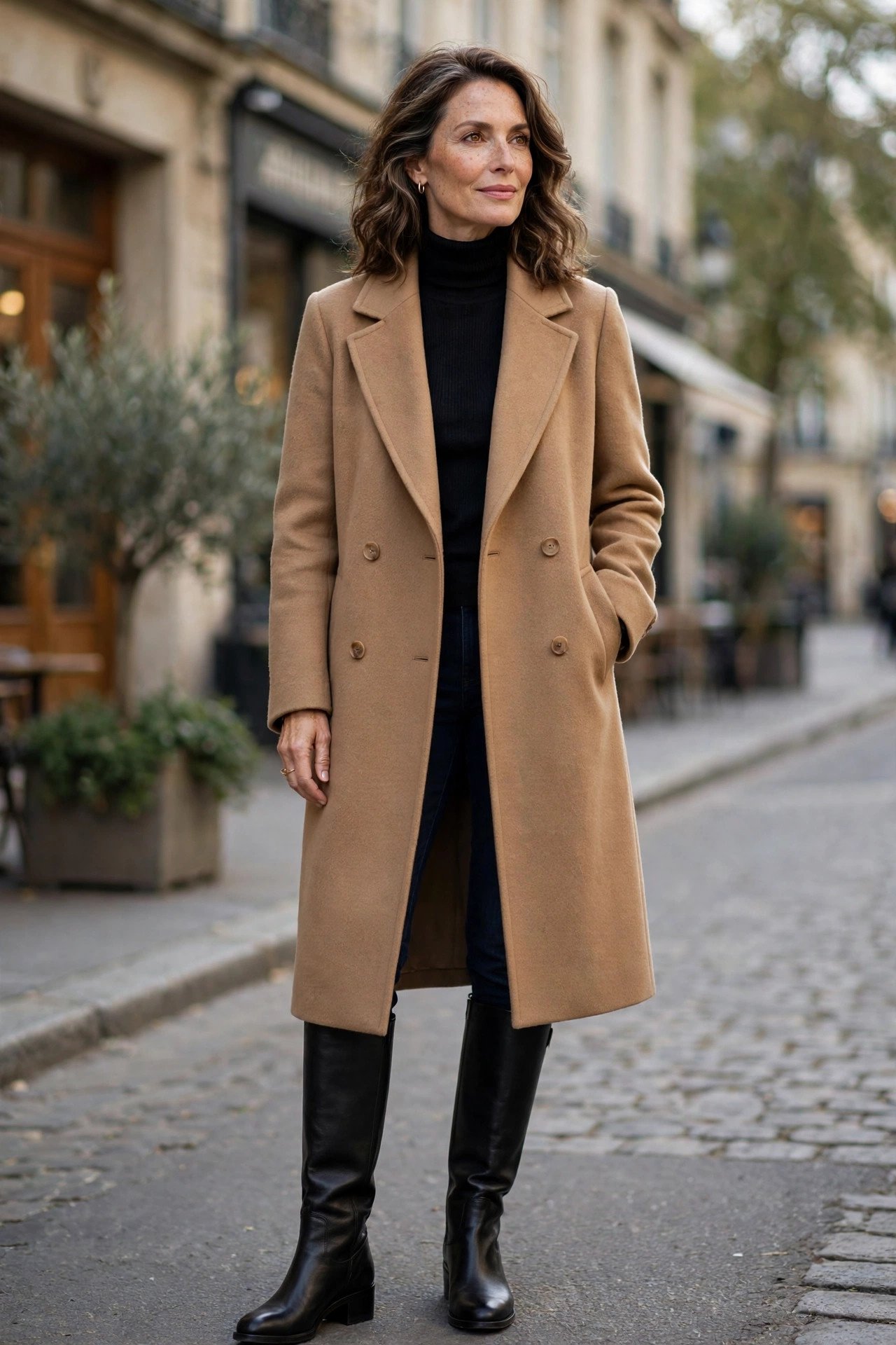 Woman in wool winter coat and leather knee-high boots