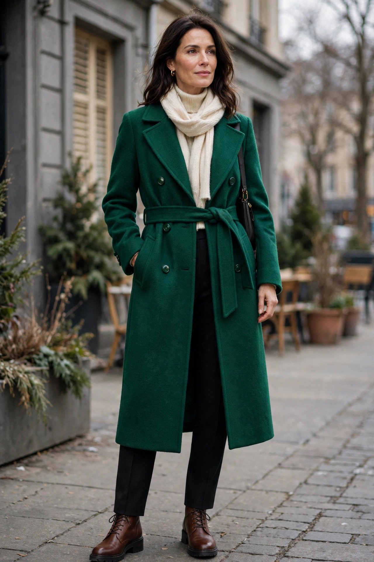 Elegant woman in green coat beside snowy tree