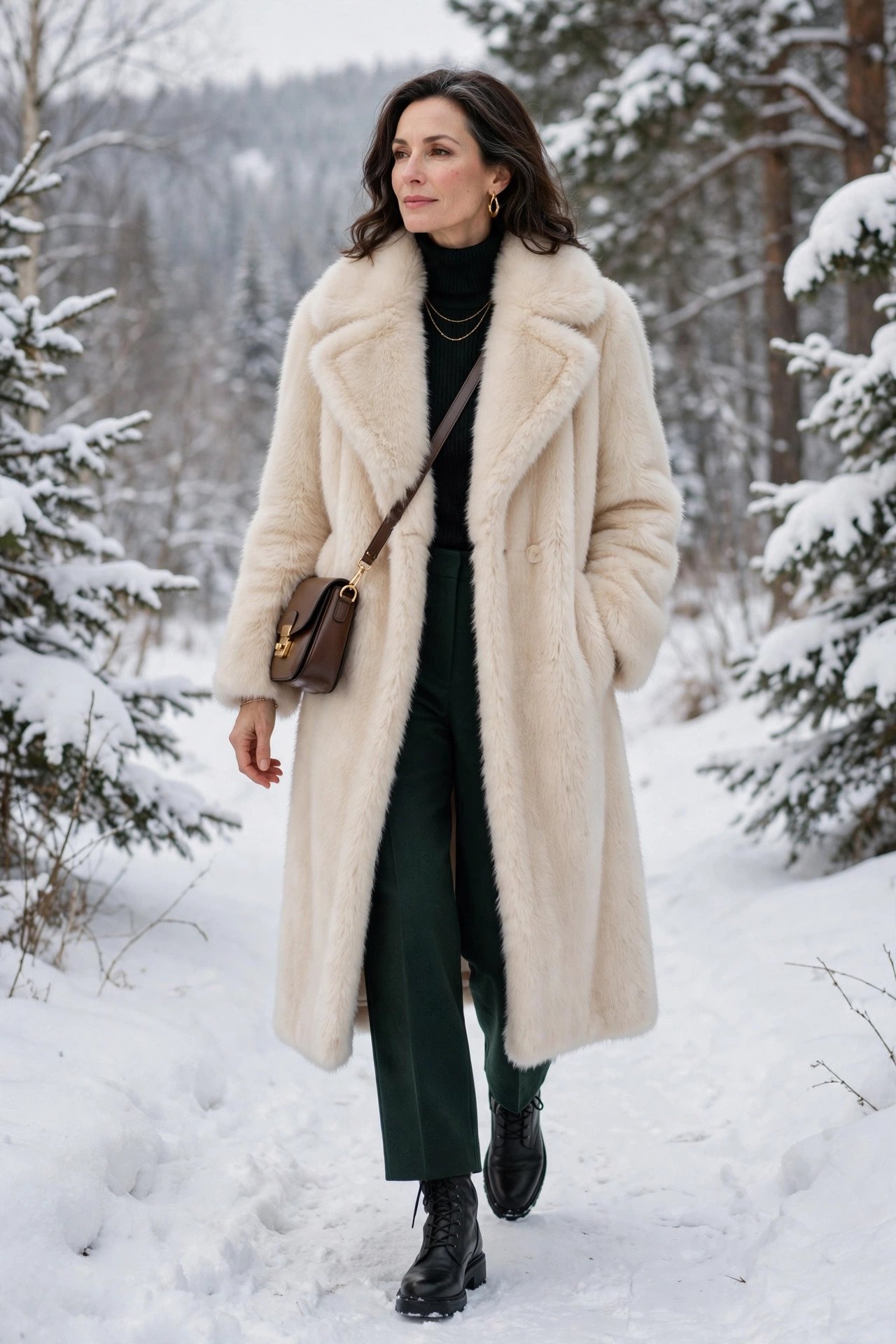 Smiling woman in fur coat in snowy forest