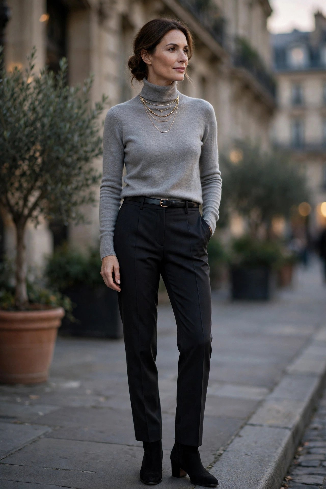 Woman in knitted turtleneck sweater with glasses