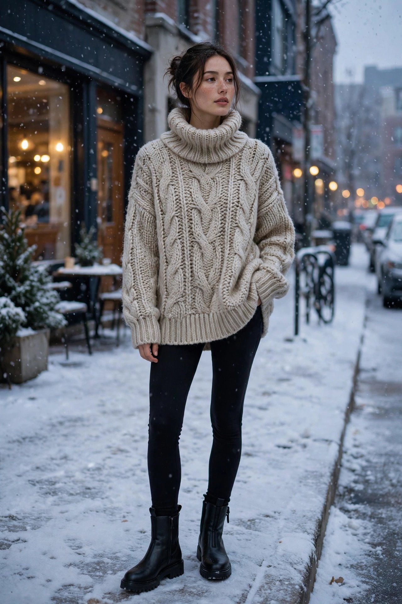 woman in oversized oatmeal knit sweater and black leggings