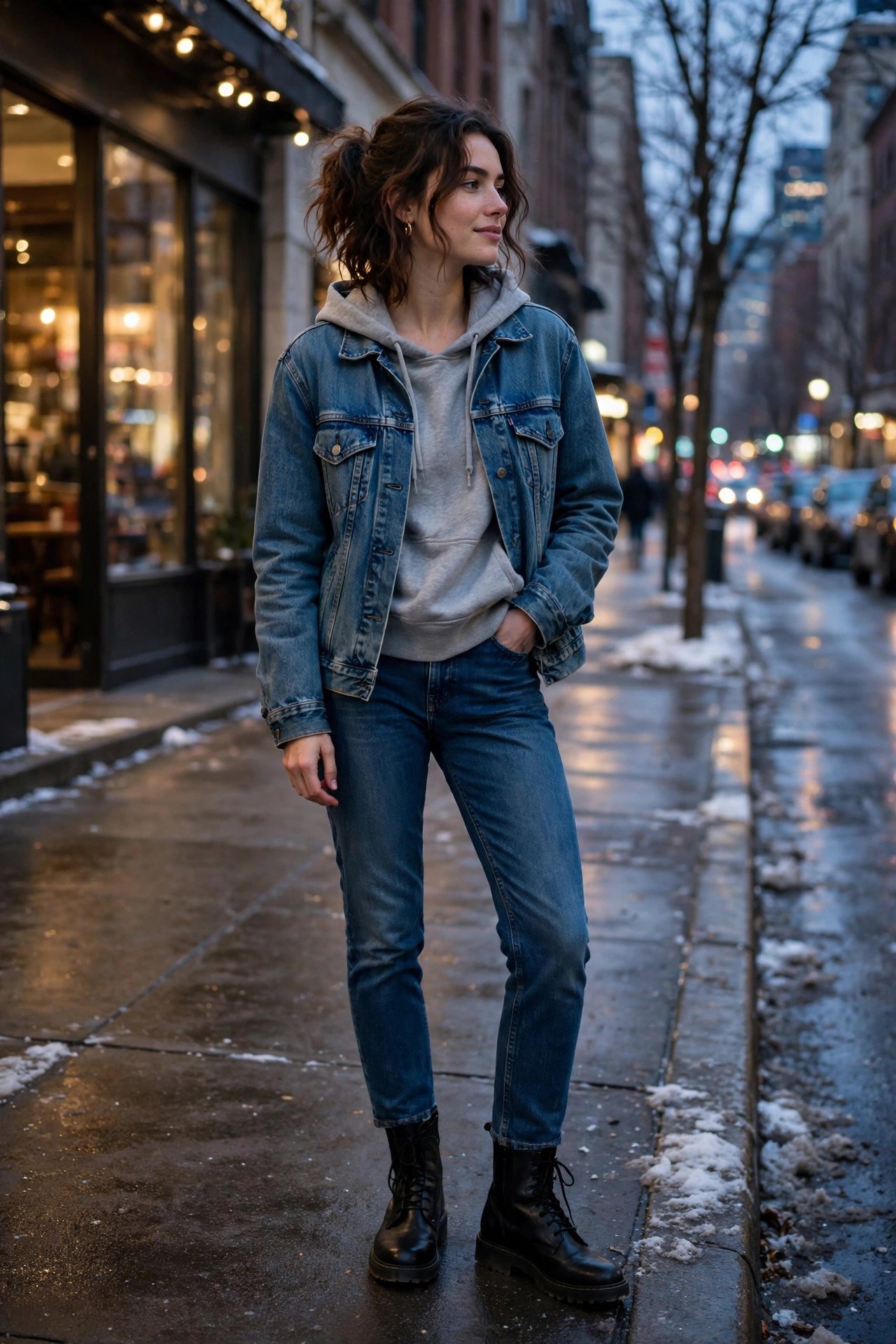 woman in denim jacket layered over hoodie and jeans