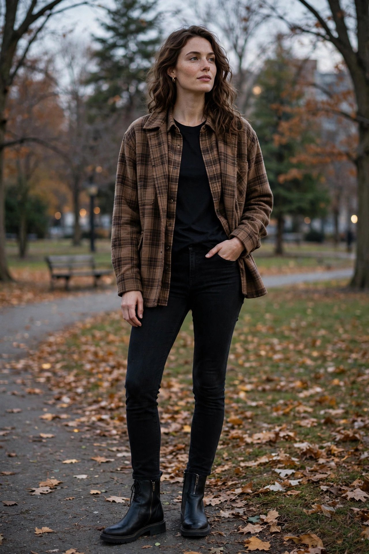 woman in brown plaid shacket and black skinny jeans
