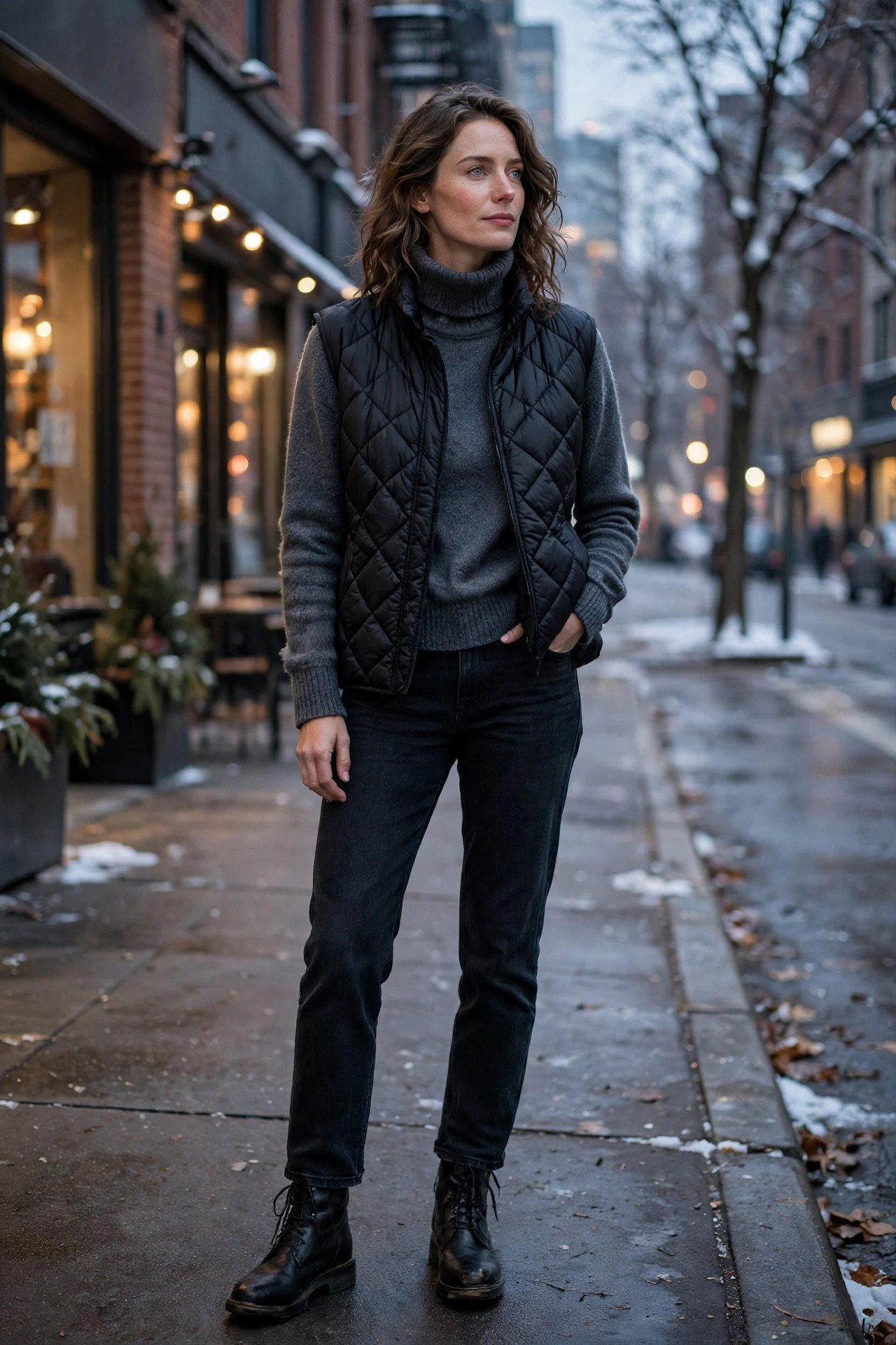 woman in black quilted vest over turtleneck and jeans