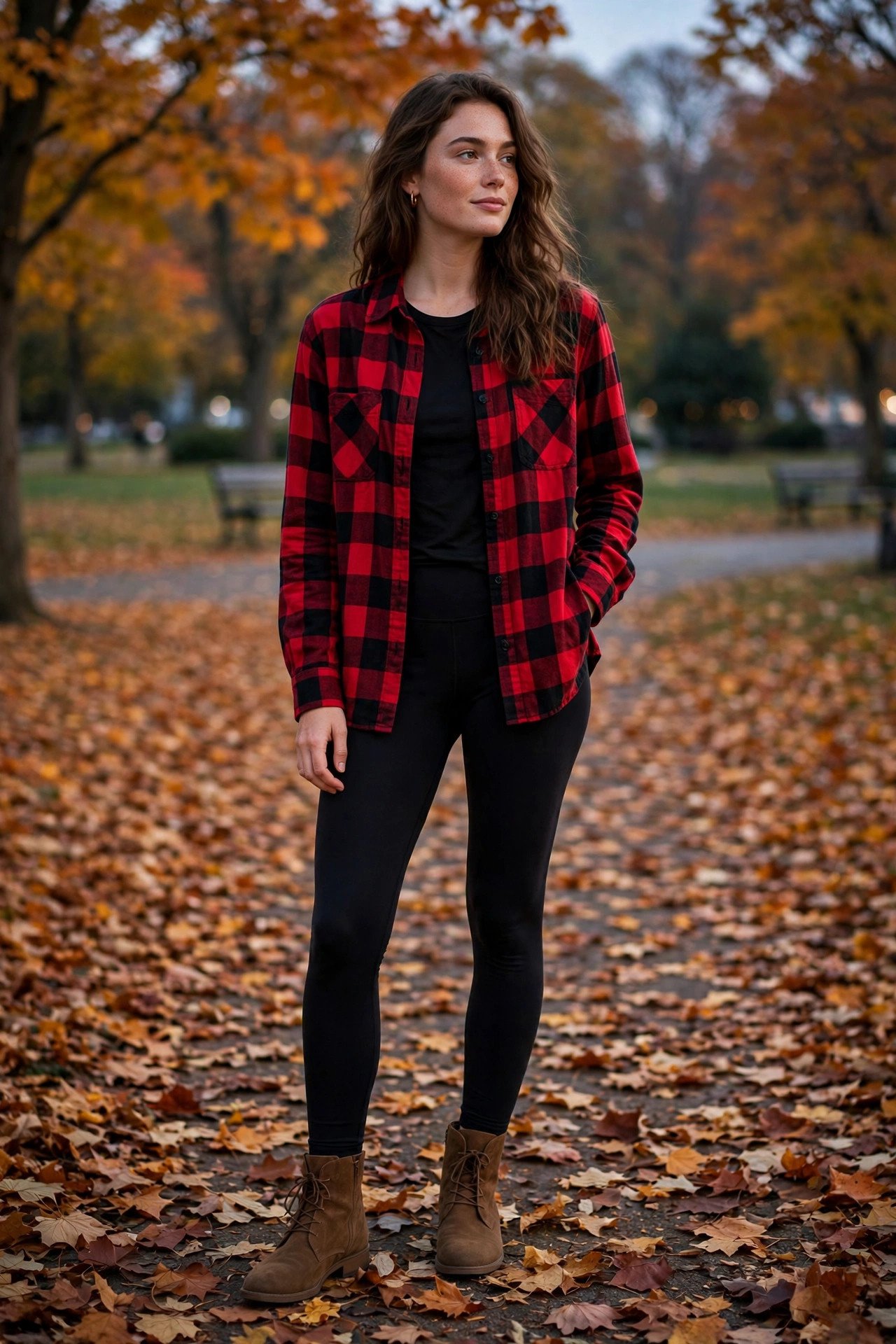 woman in red buffalo plaid flannel and black leggings