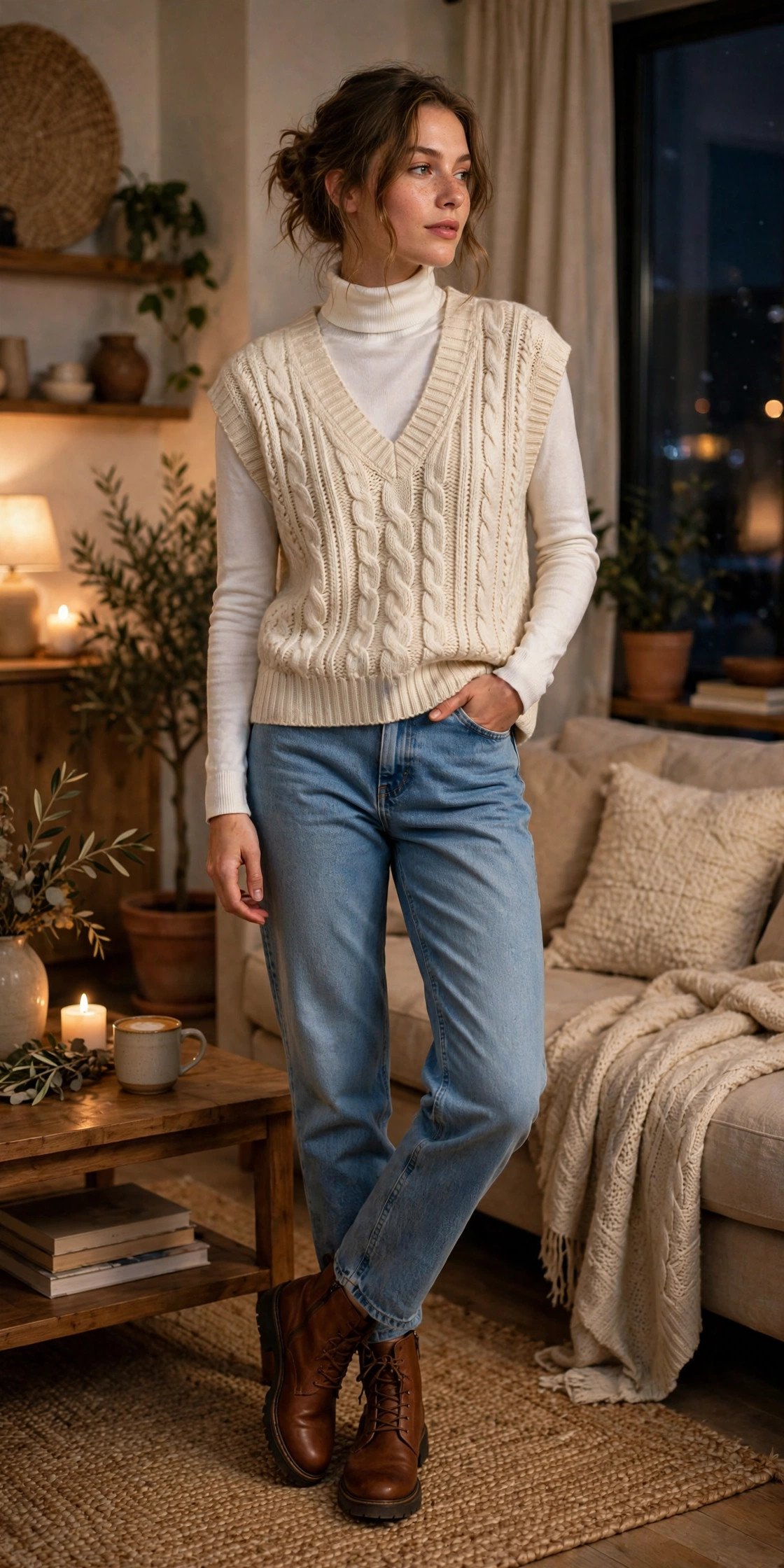 woman in turtleneck under knit sweater vest and jeans