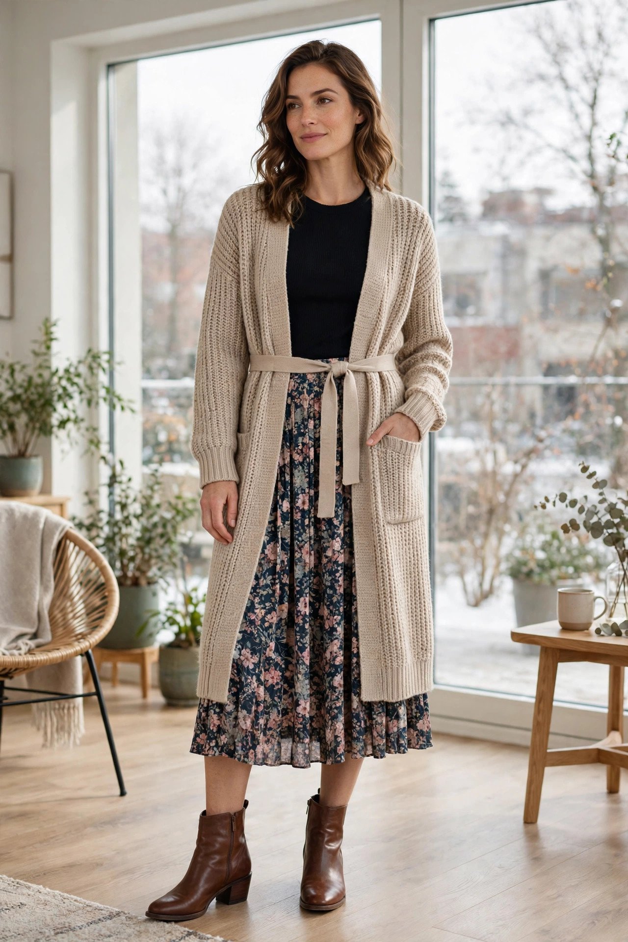woman in long belted cardigan and floral midi skirt