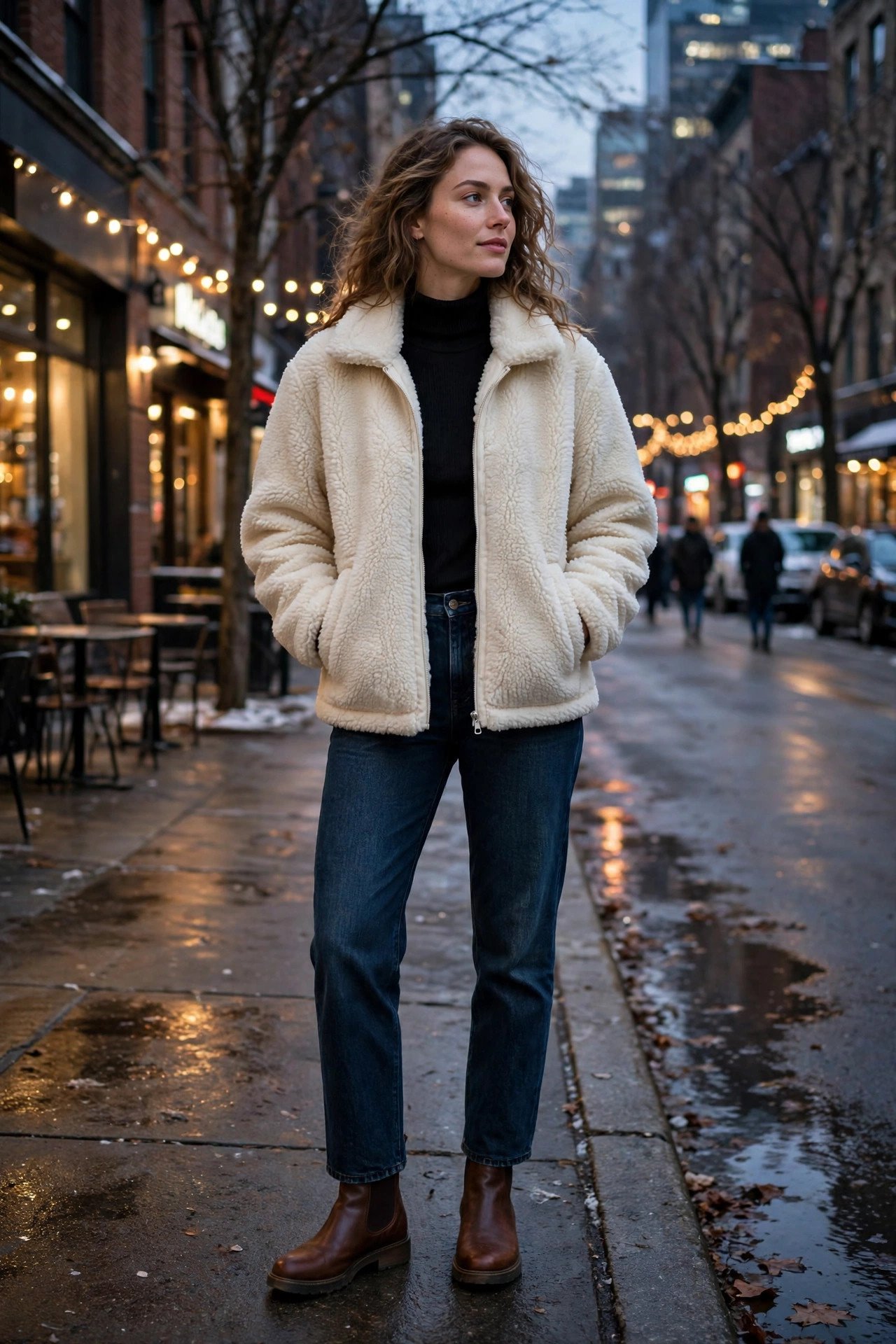 woman in cream sherpa jacket and dark jeans