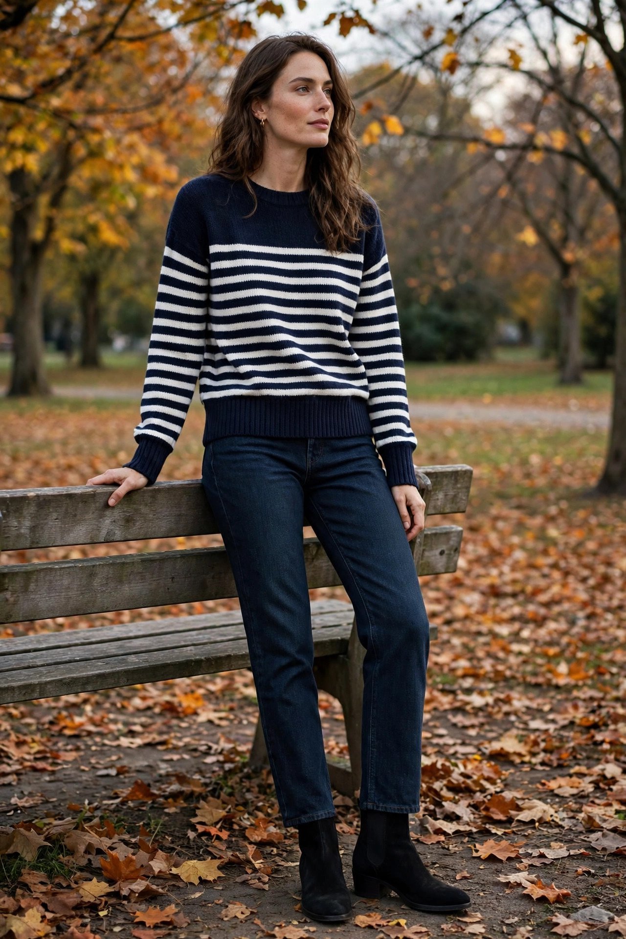 woman in breton striped sweater and dark rinse jeans