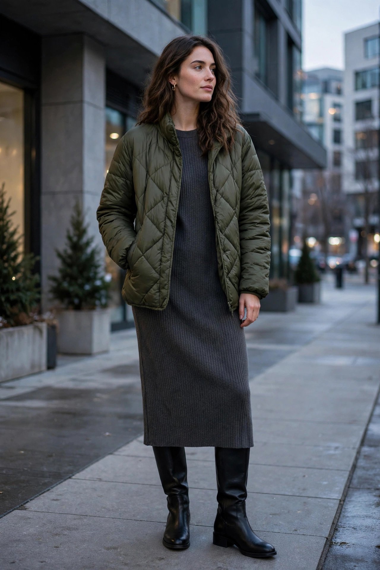 woman in olive quilted jacket and ribbed knit dress