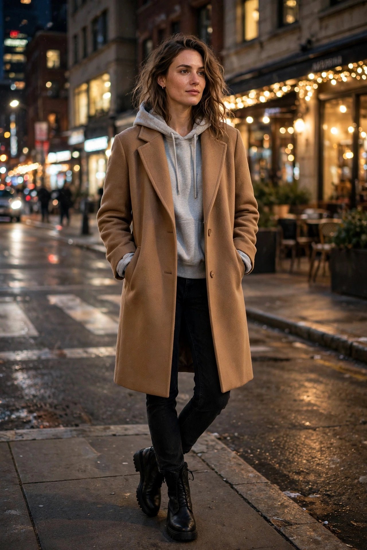 woman in gray hoodie under camel wool coat