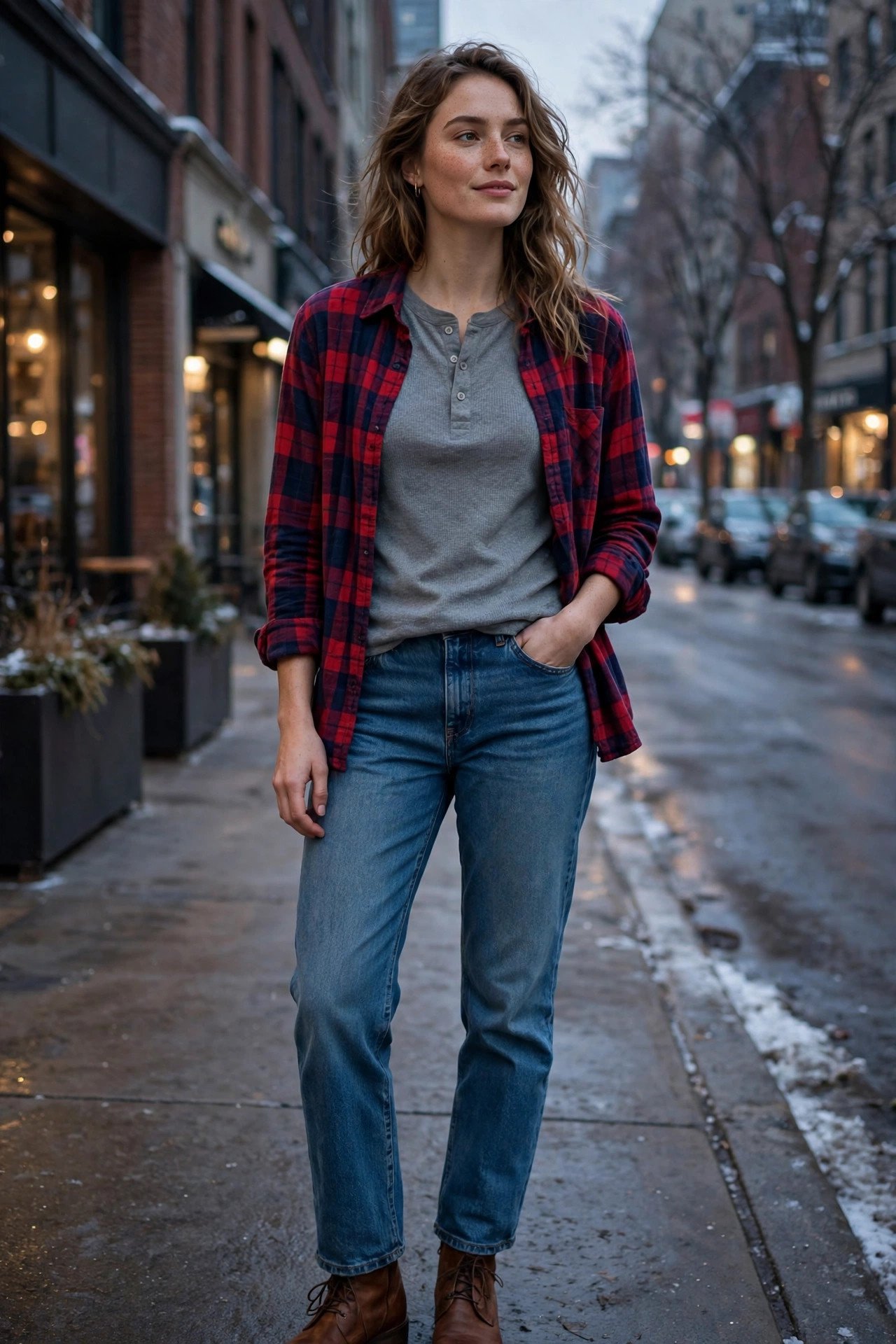 woman in thermal henley with flannel and straight jeans
