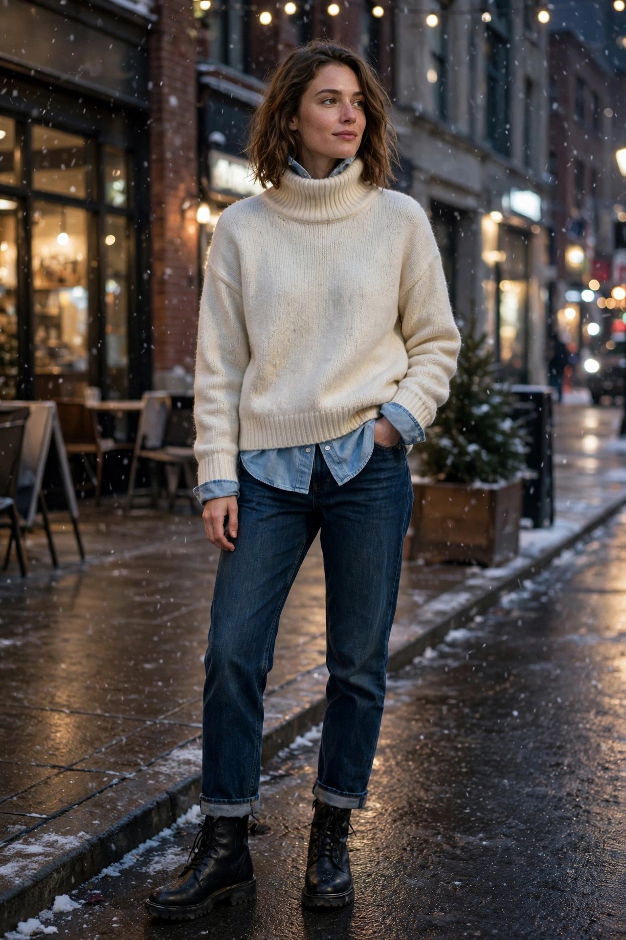 woman in chambray shirt layered under cream sweater