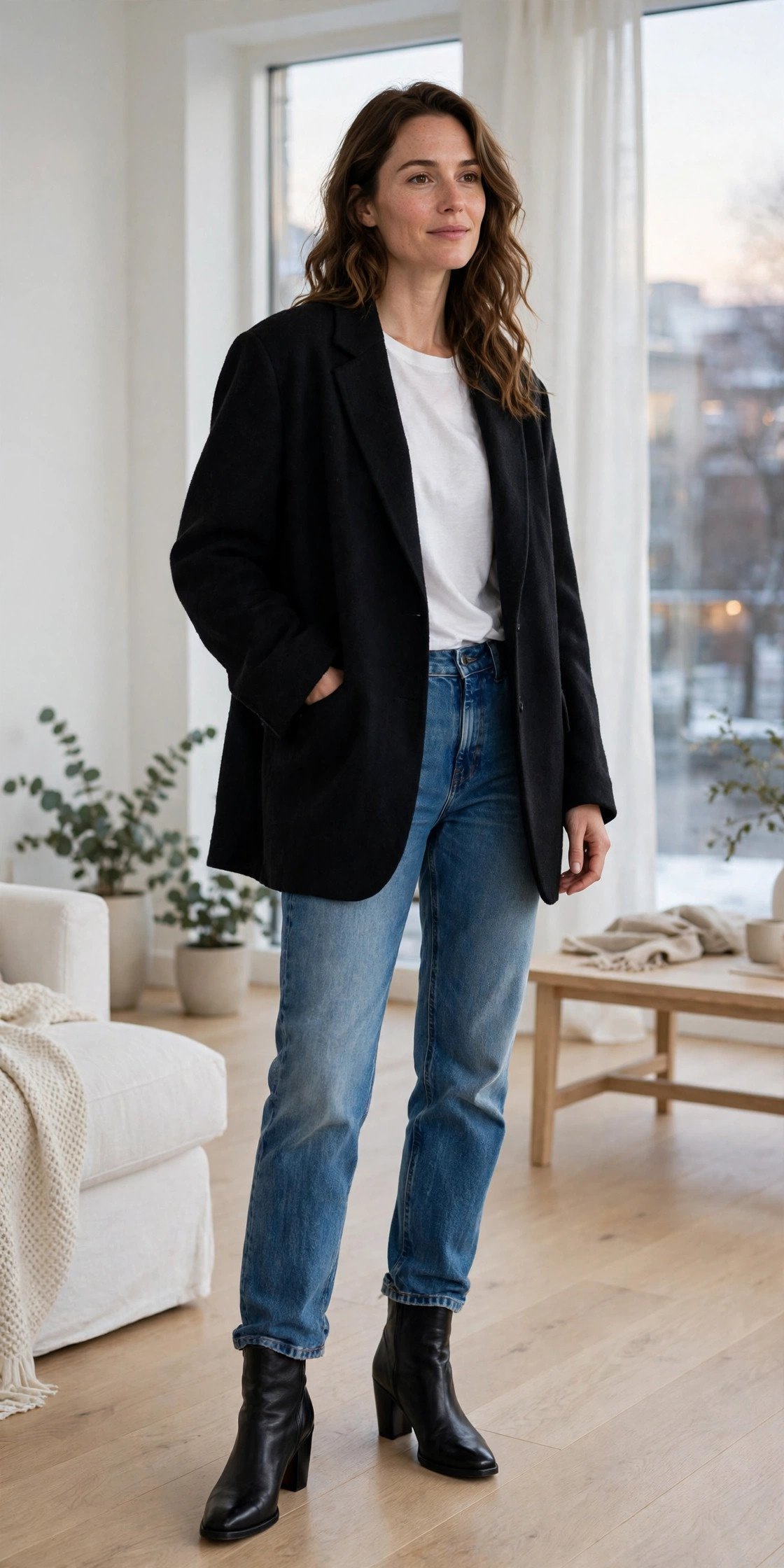 woman in oversized black blazer with white tee and jeans