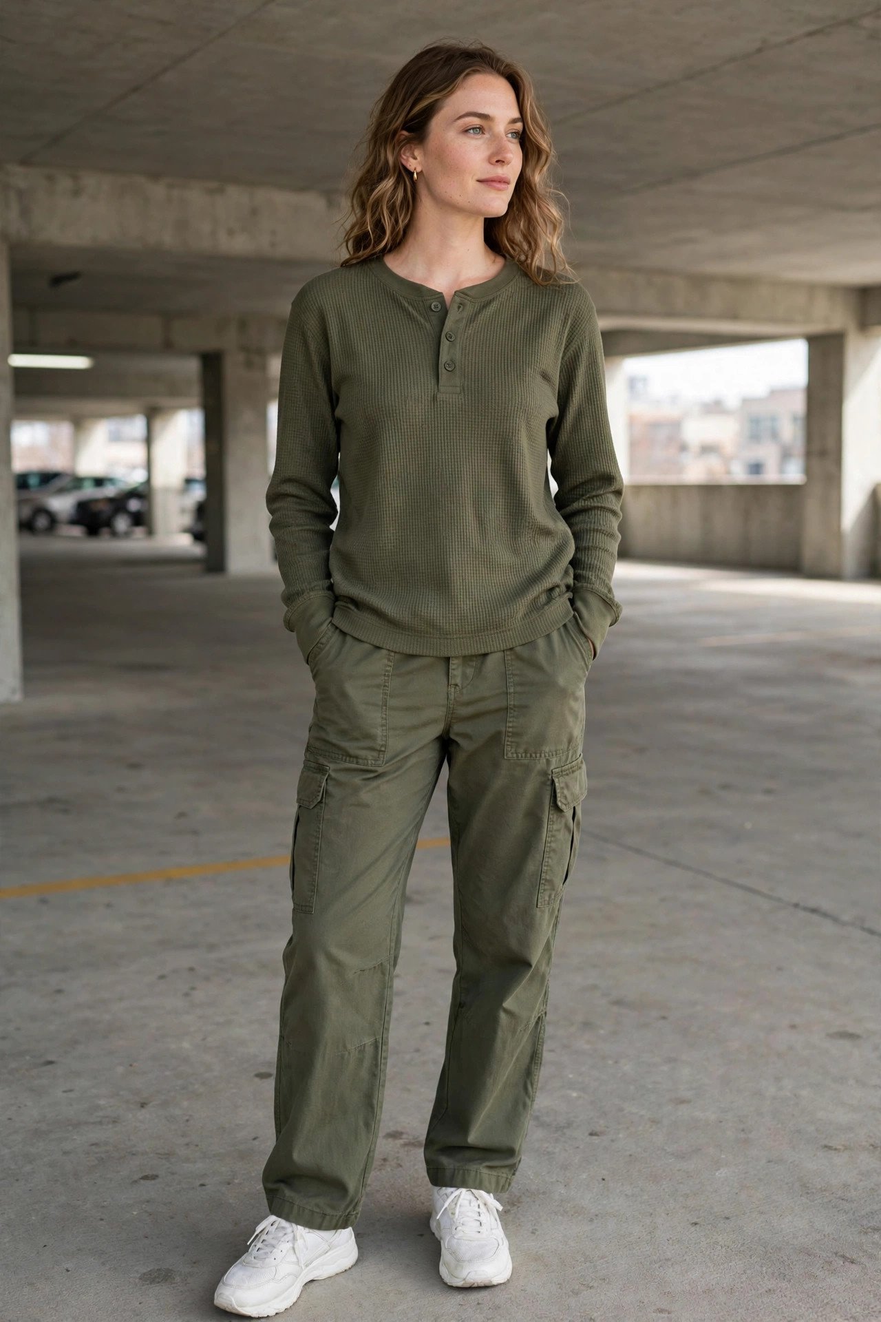 woman in waffle-knit henley and olive cargo pants