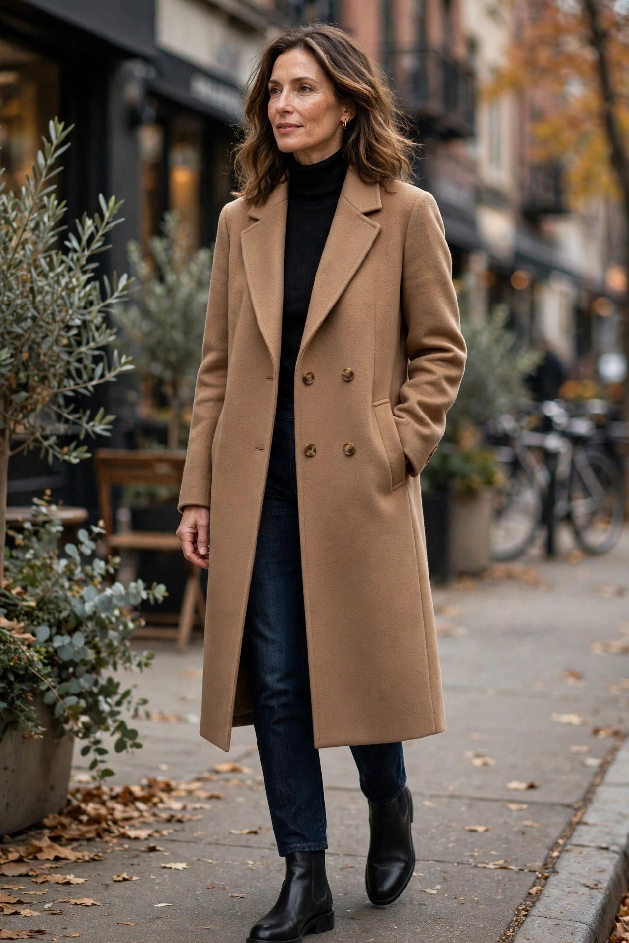 Elegant mature woman in a wool coat and turtleneck