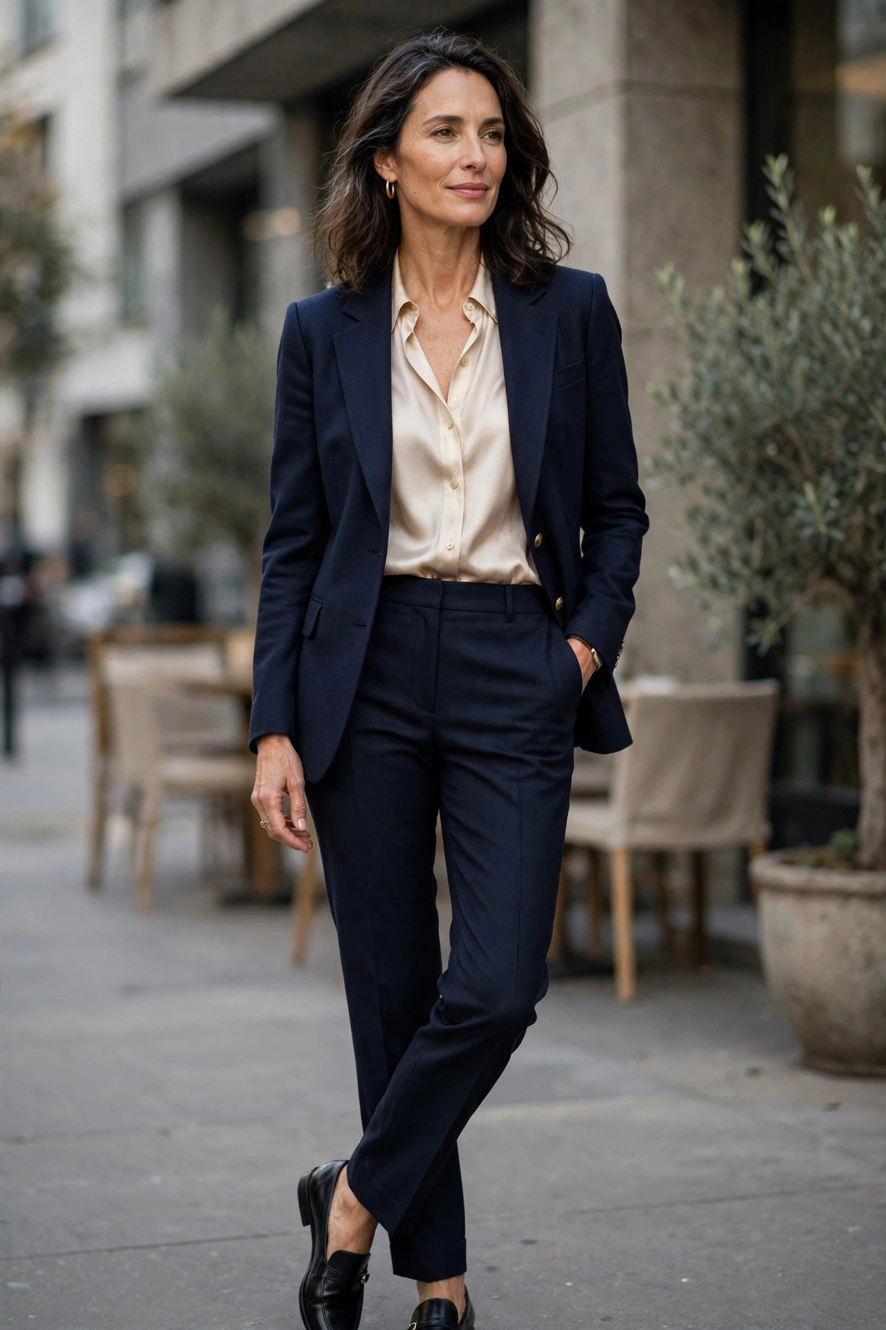 Confident woman in a blazer, silk blouse and trousers