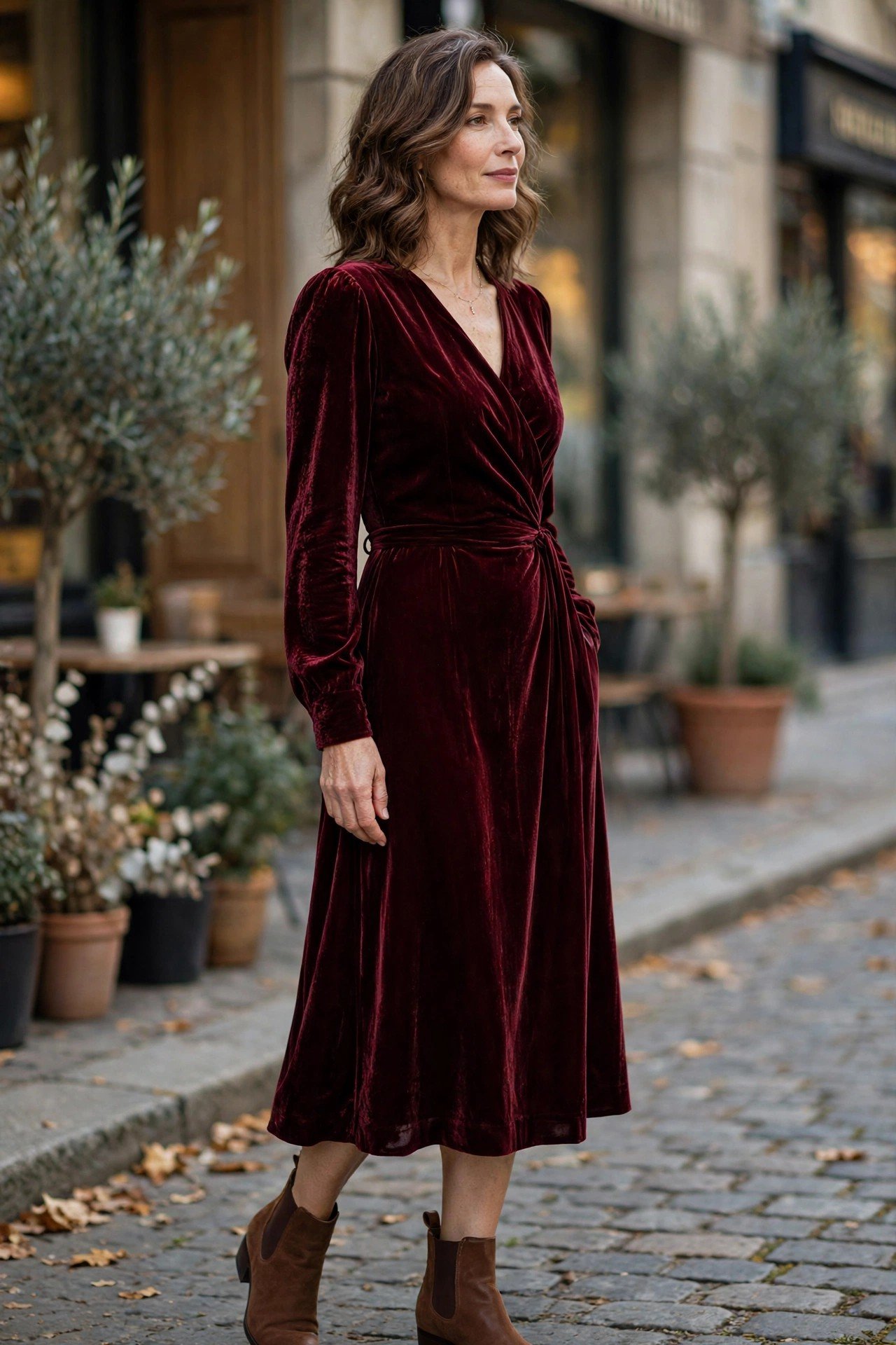 Elegant woman in a velvet midi dress