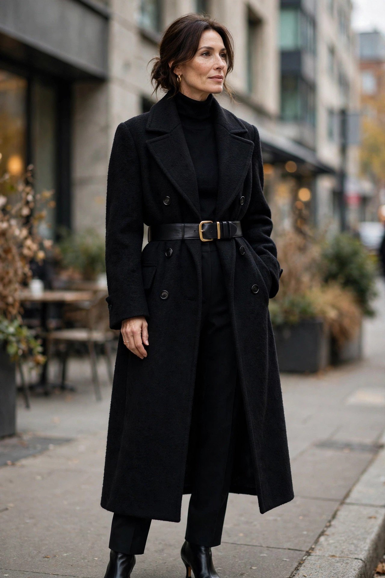 Mature woman in a statement coat over black