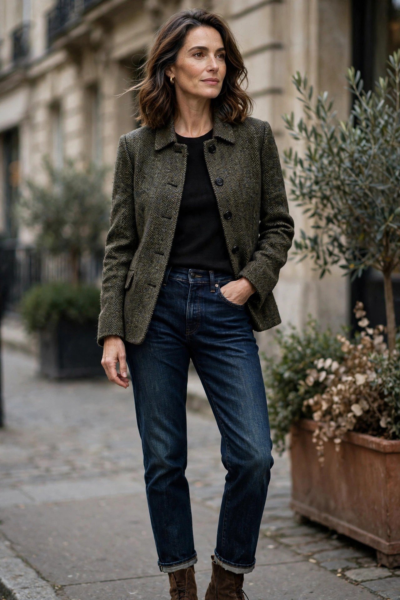 Woman in a tweed jacket with dark denim