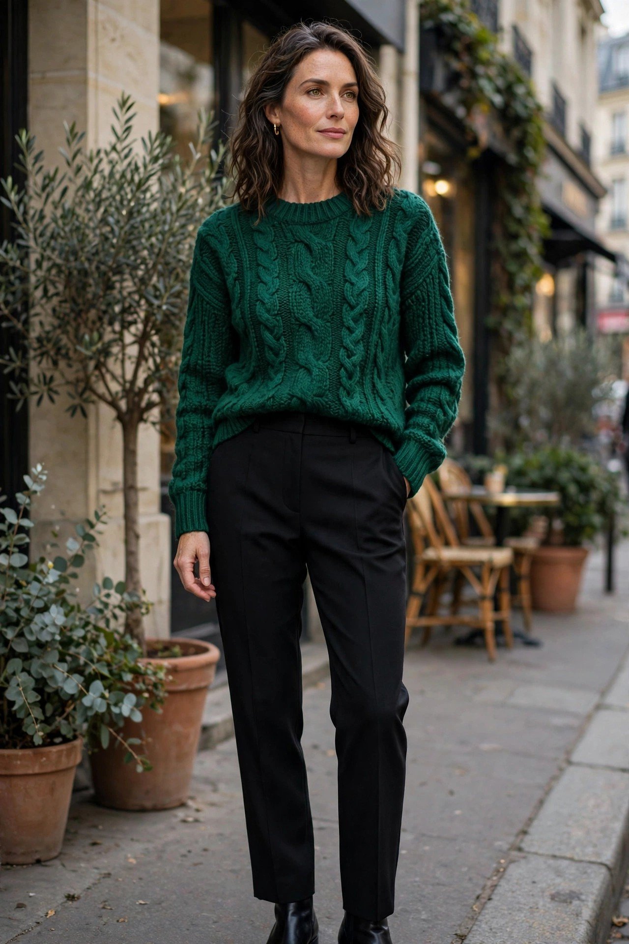 Mature woman in a jewel-tone knit with black trousers