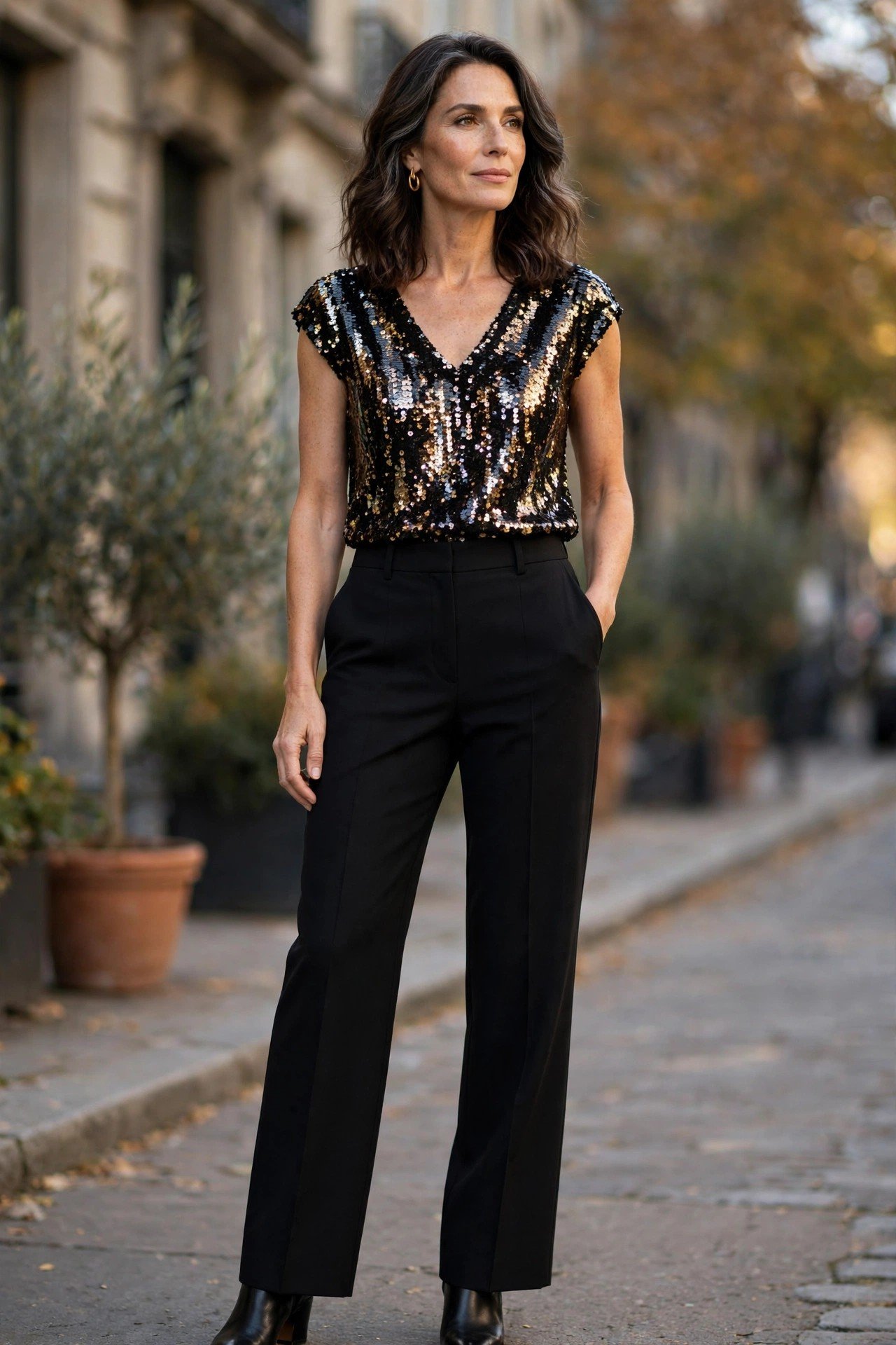 Mature woman in a sequin top with black pants
