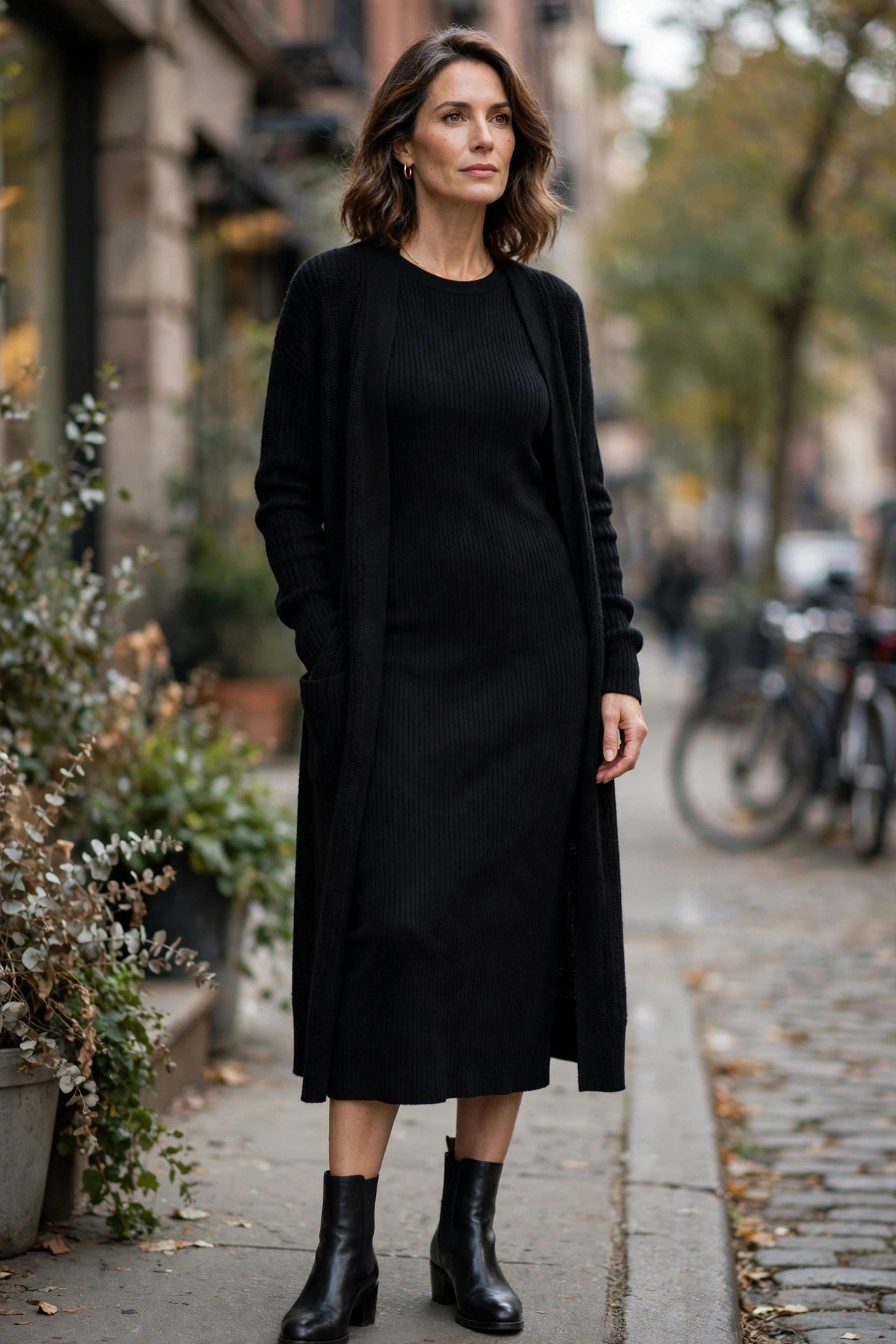 Woman in a ribbed knit midi dress with long cardigan