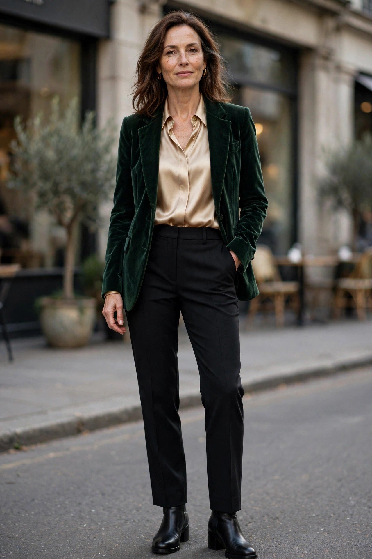 Mature woman in a satin blouse with velvet blazer