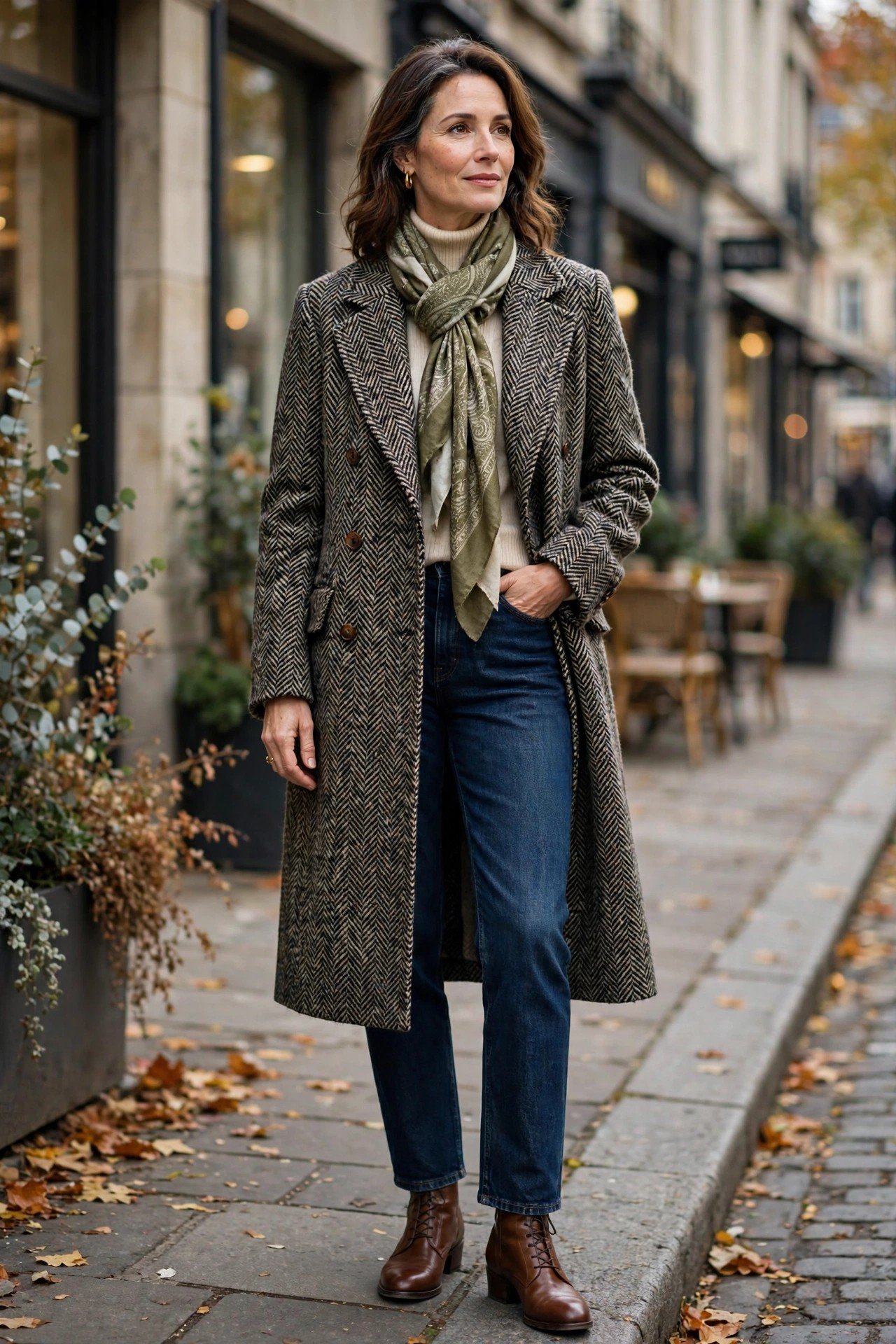Mature woman in a herringbone coat with scarf