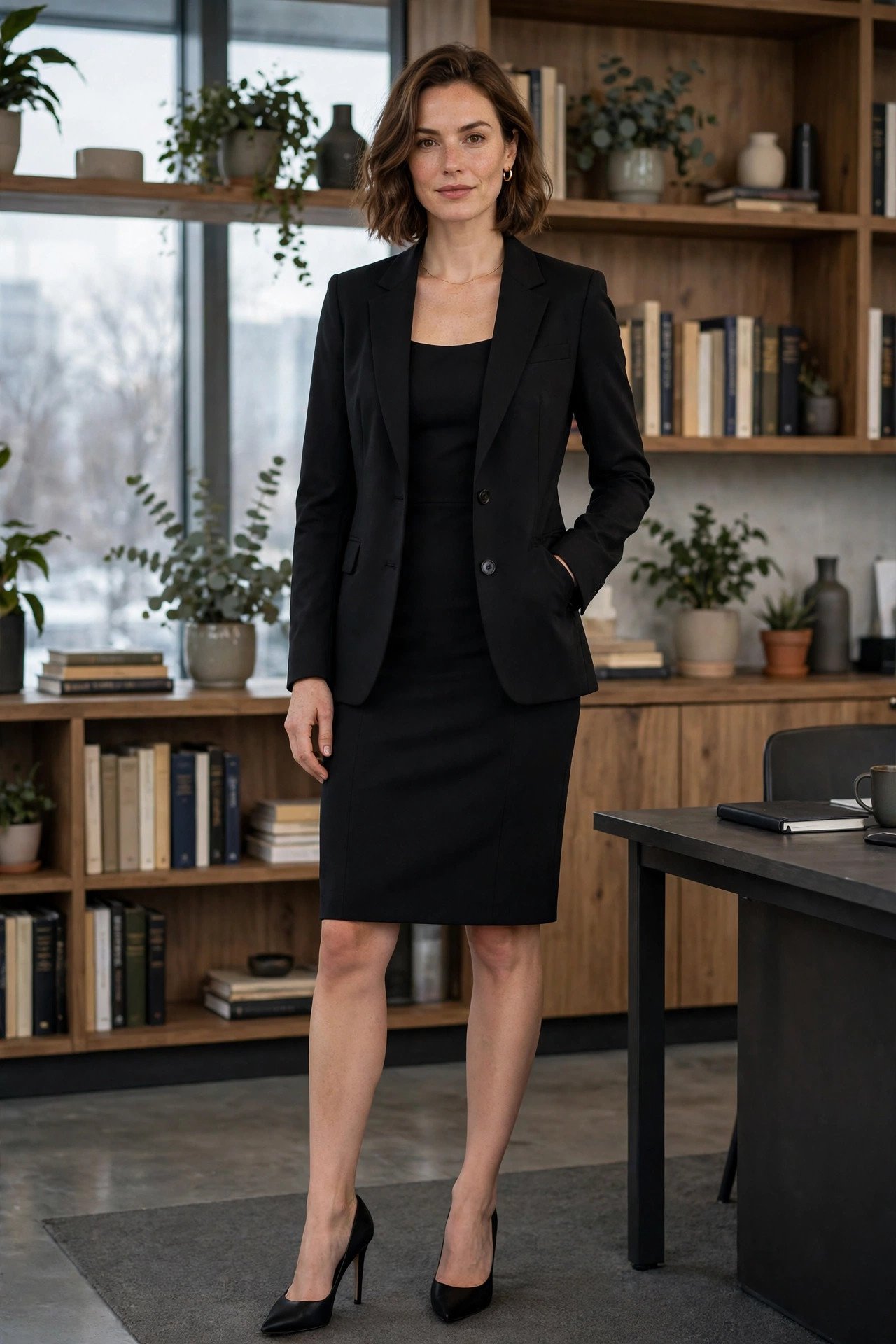 woman in black sheath dress and tailored blazer