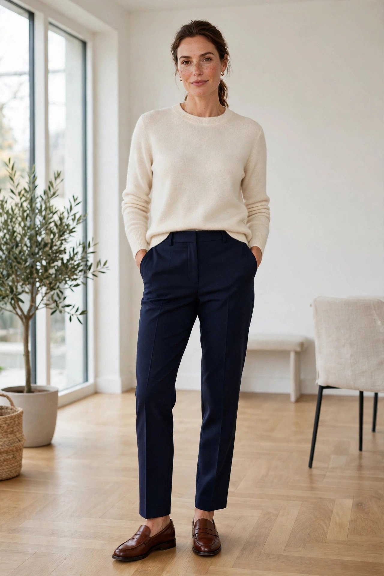 woman in navy tailored trousers and cream cashmere sweater