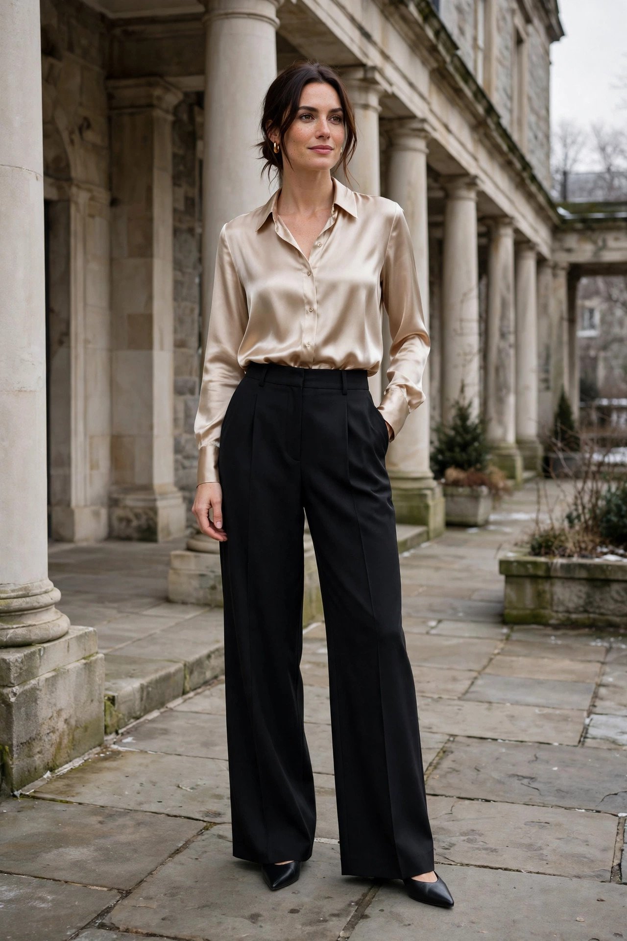 woman in black wide-leg trousers and champagne satin blouse