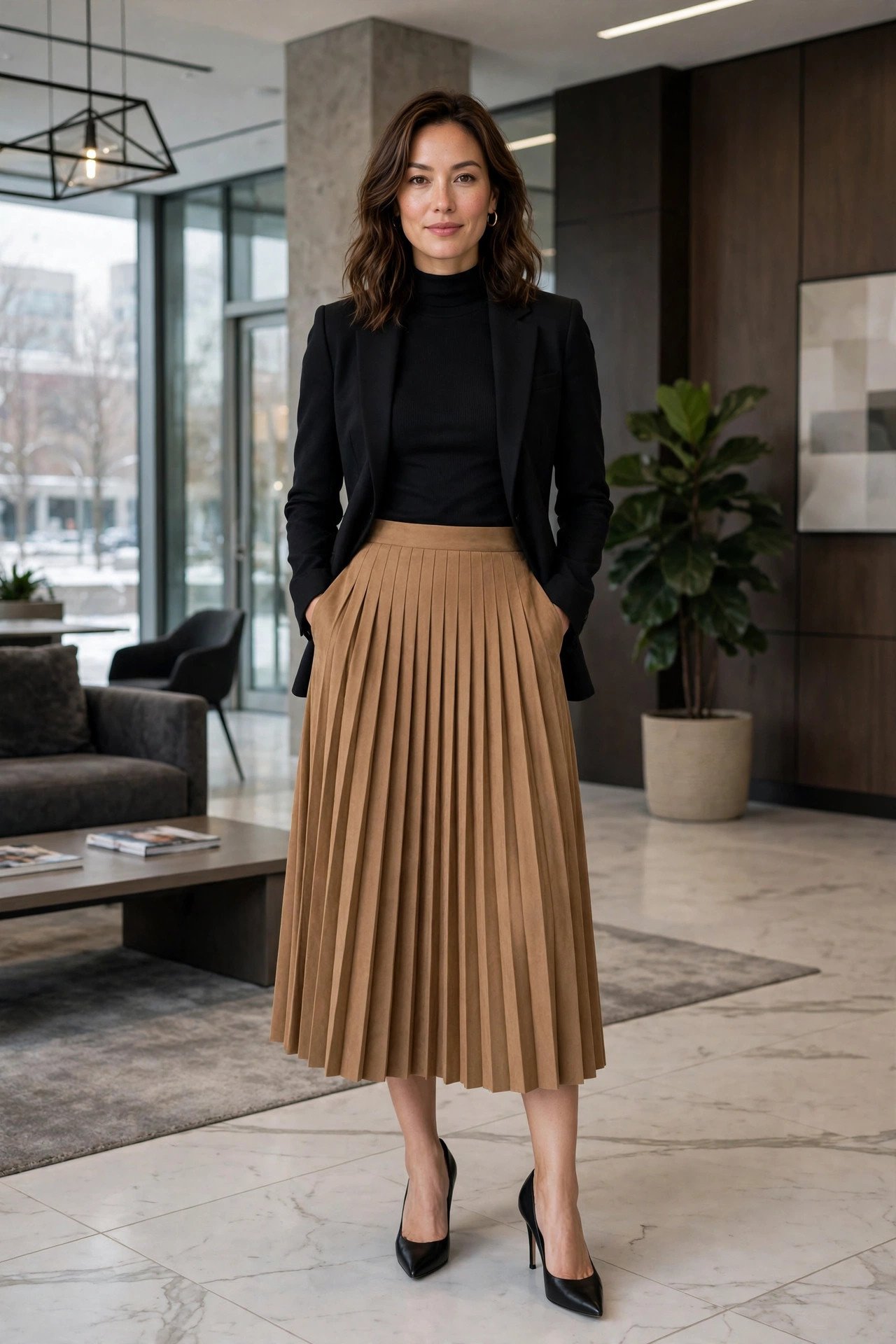 woman in pleated camel midi skirt and fitted black blazer
