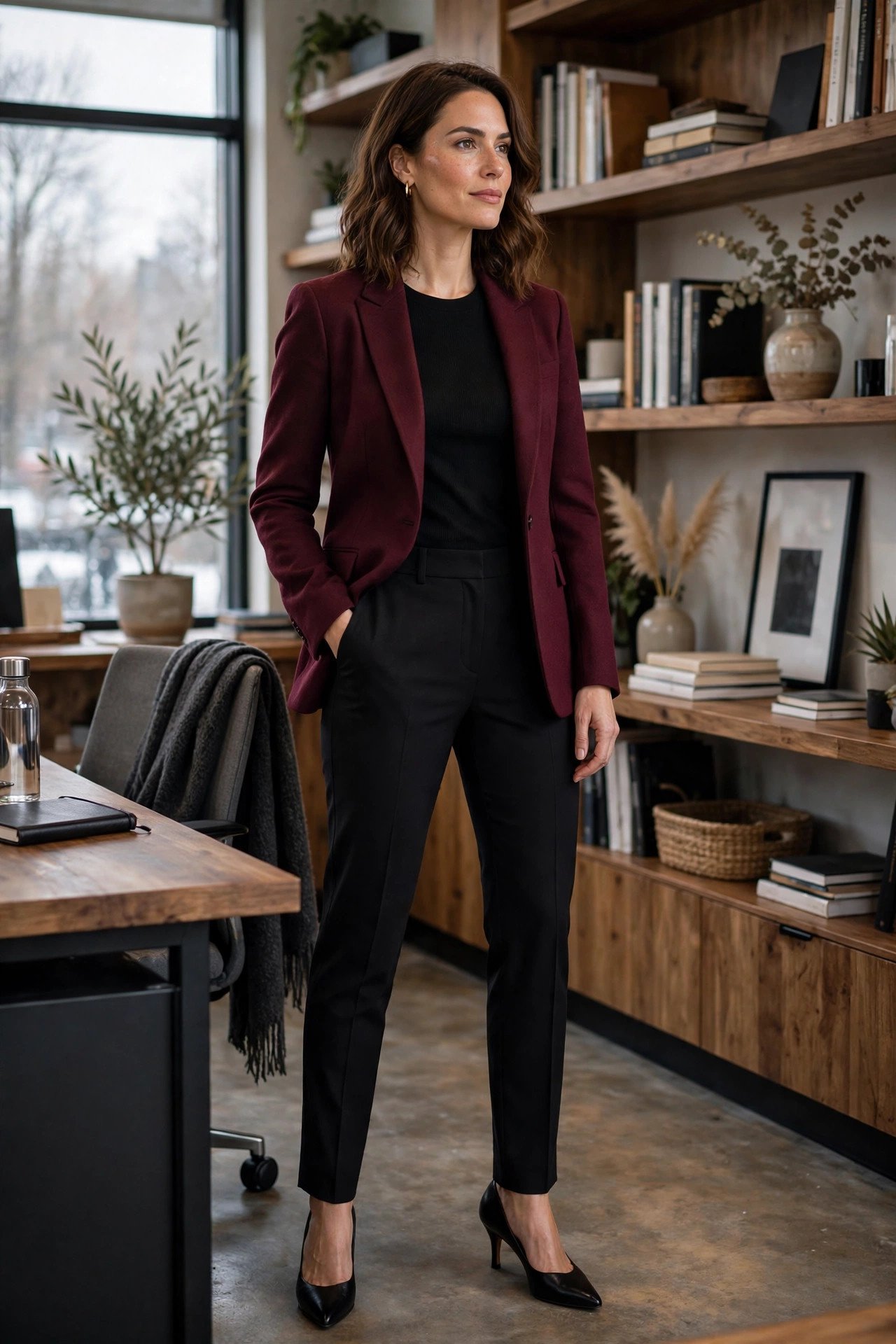 woman in burgundy blazer and black tailored trousers