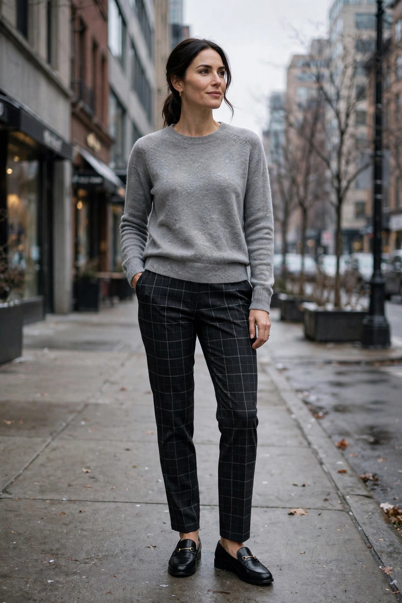 woman in gray cashmere crewneck and windowpane trousers