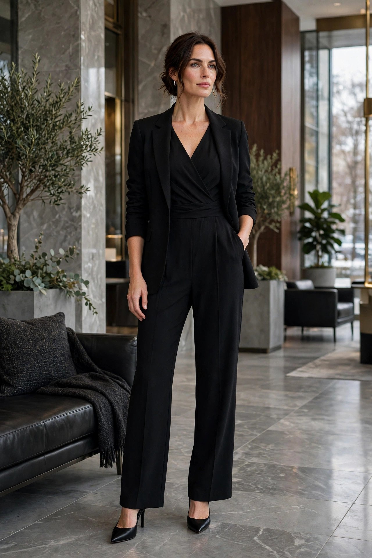 woman in black crepe jumpsuit and structured blazer