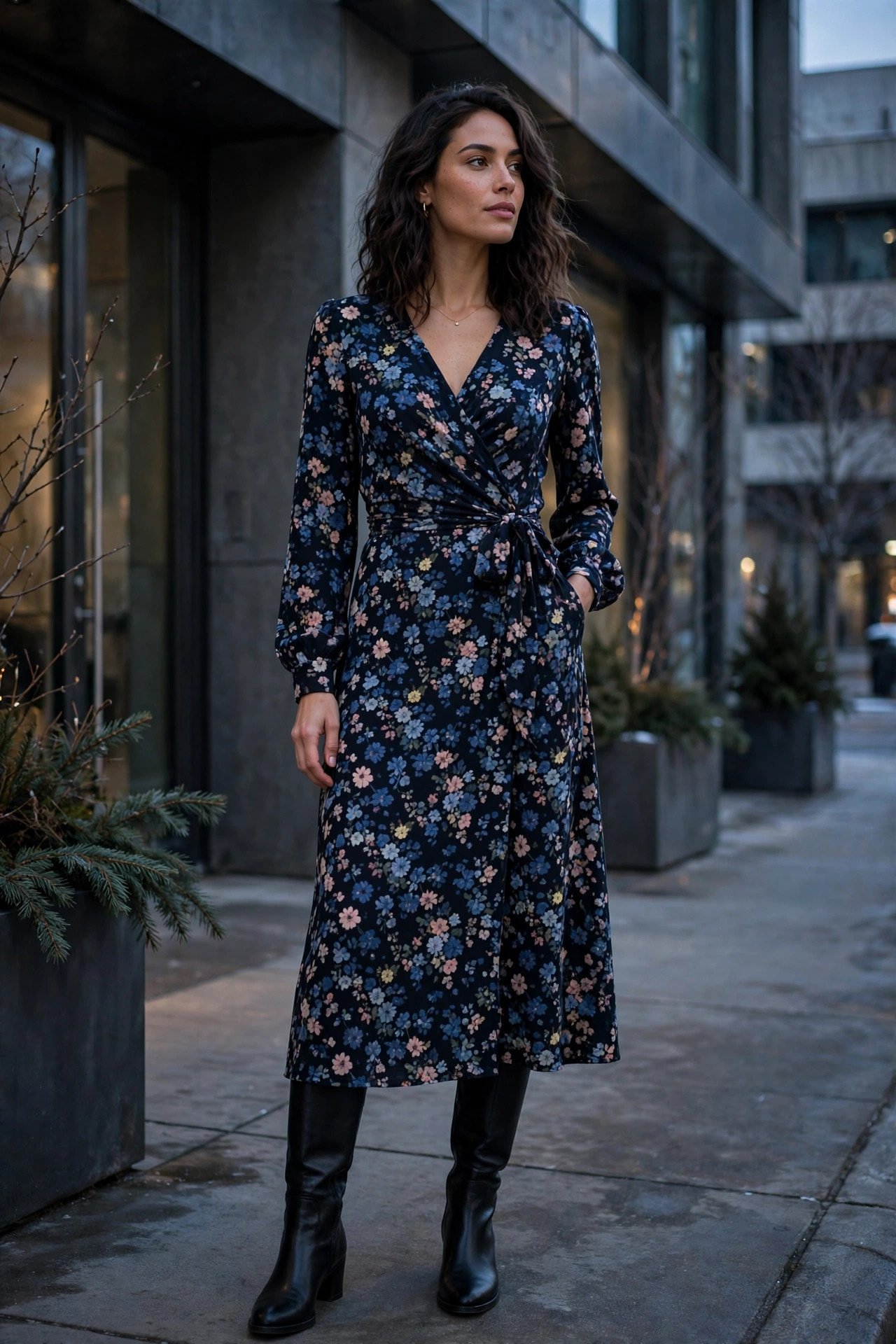 woman in dark floral wrap dress and knee-high boots