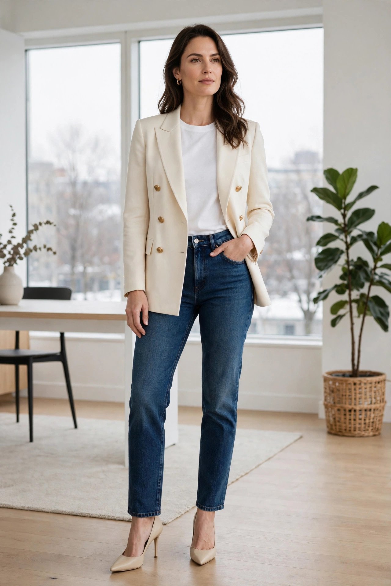 woman in double-breasted blazer with white tee and dark jeans