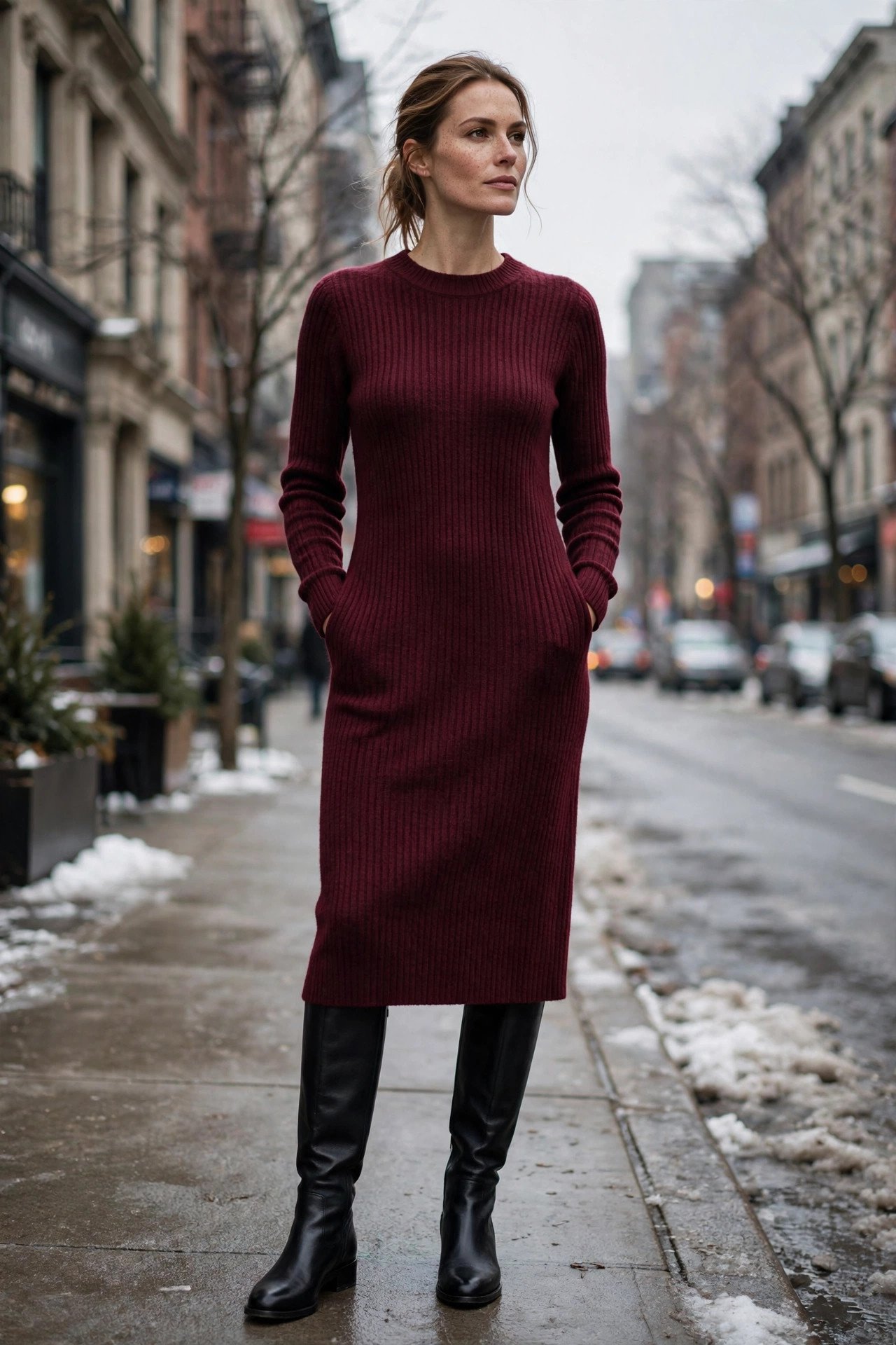 woman in burgundy sweater dress and knee-high boots