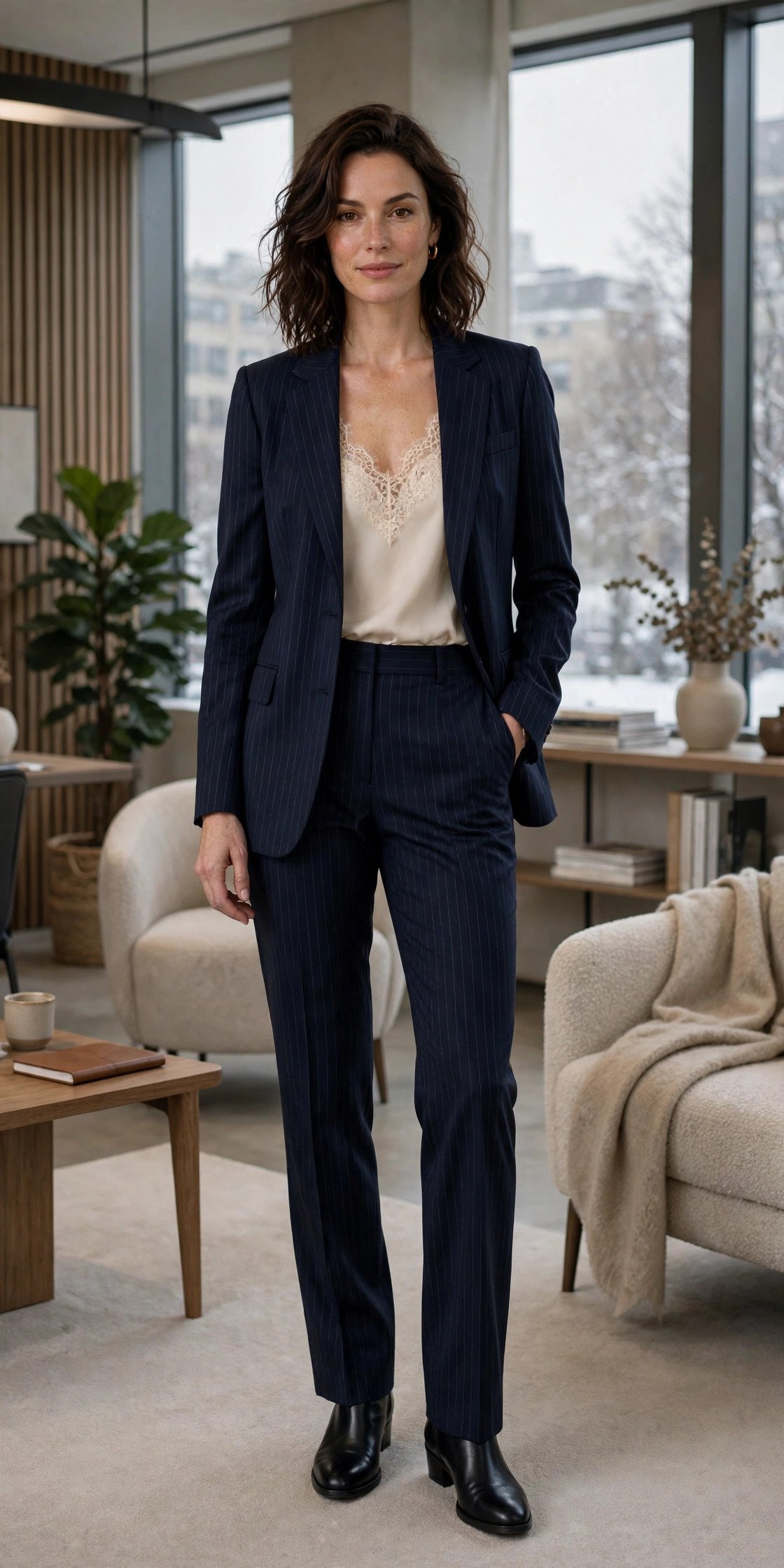 woman in navy pinstripe suit with lace camisole