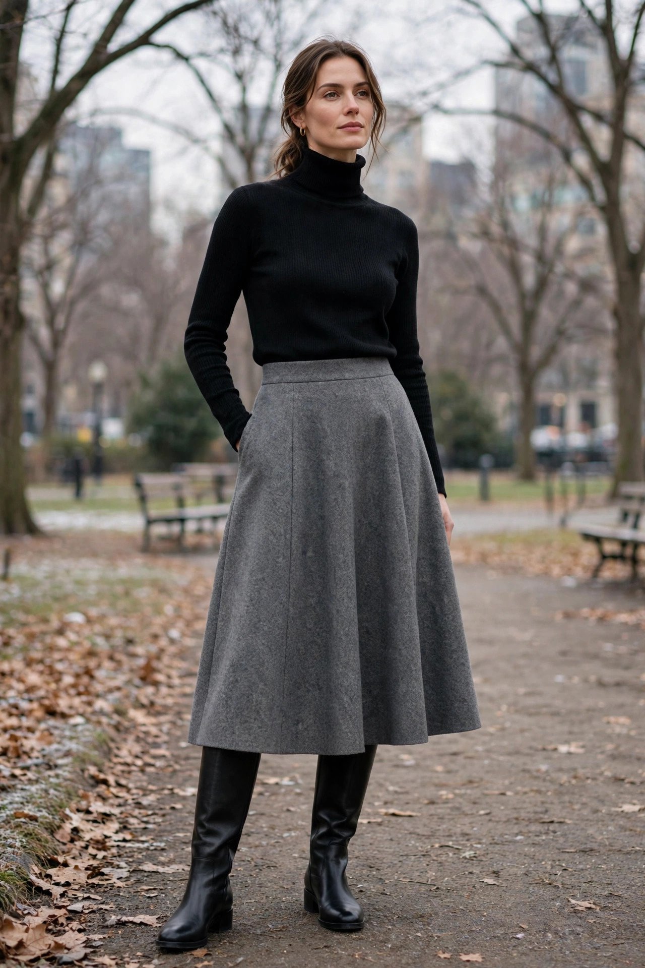 woman in black turtleneck and a-line wool skirt