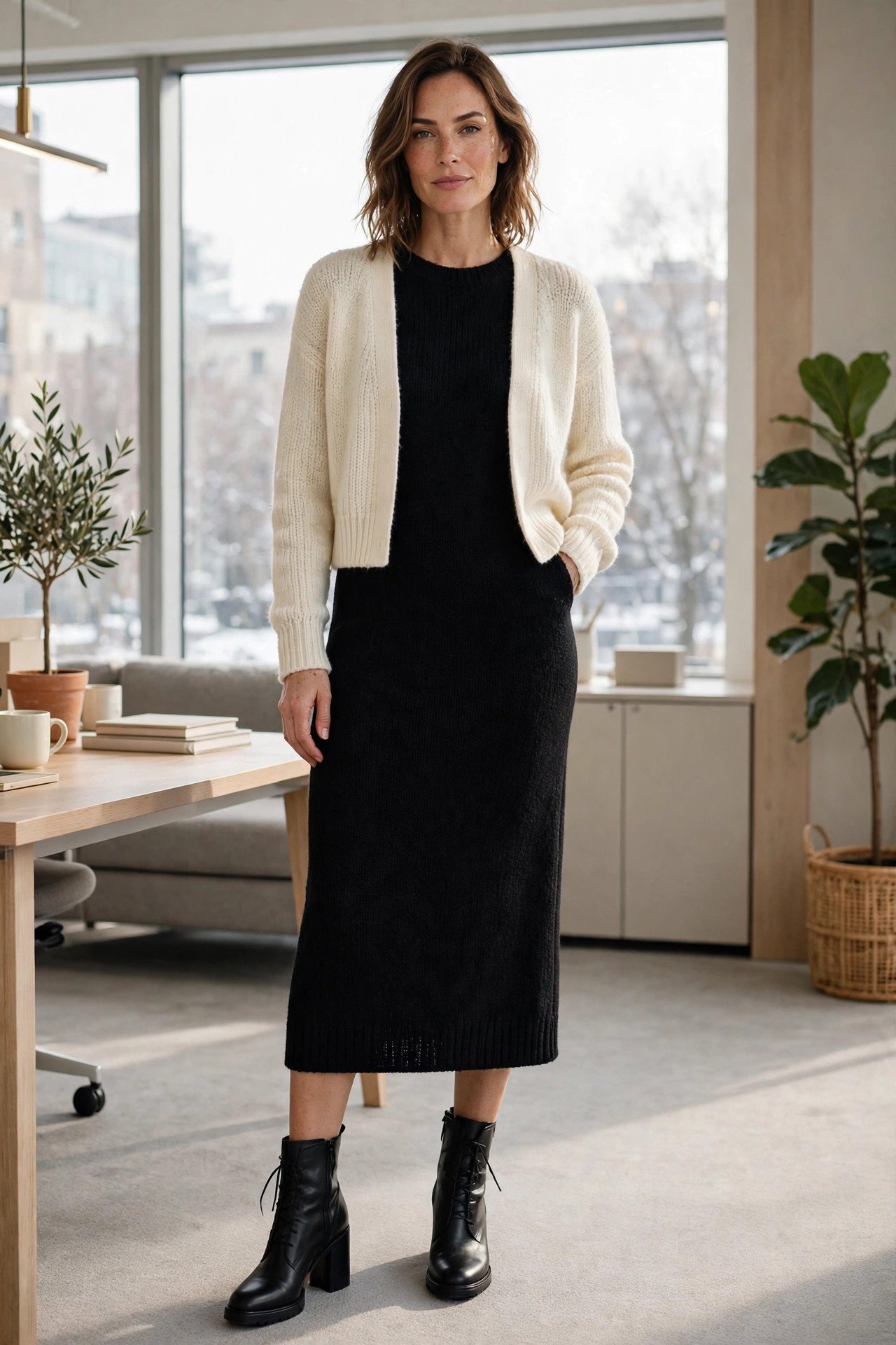 woman in black knit midi dress and cropped cream cardigan