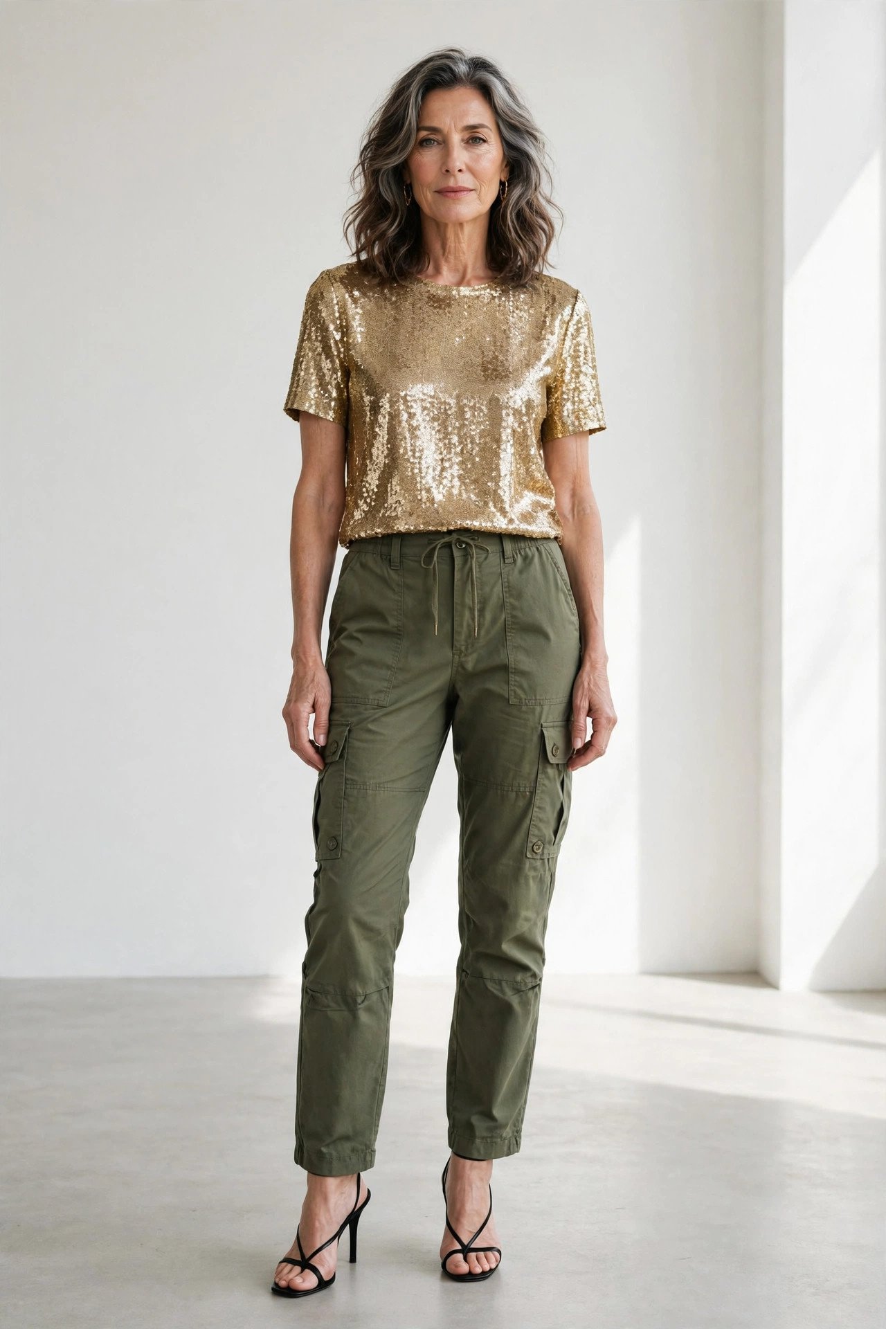 Shimmer top with dark green cargo pants festive outfit