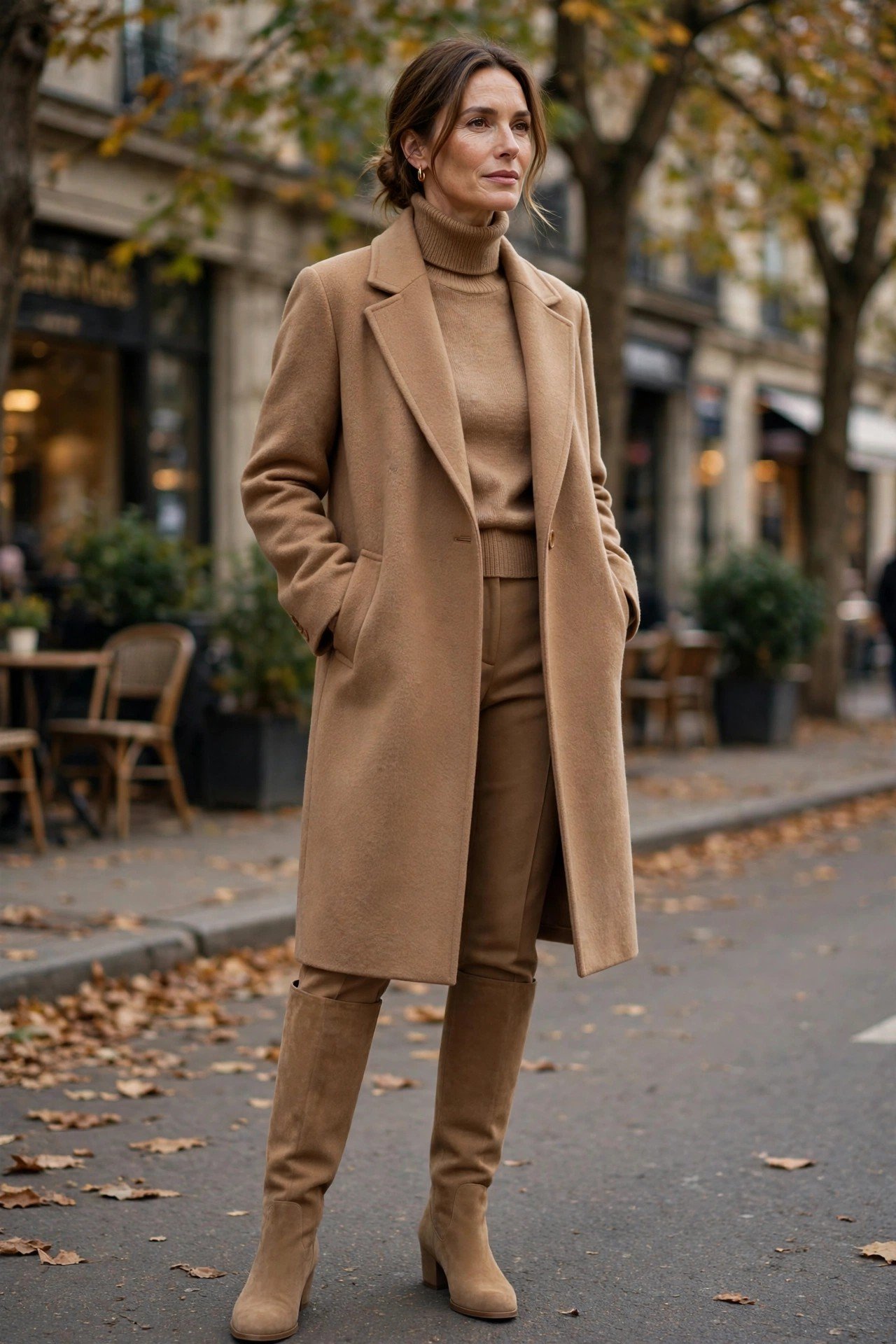 Camel suede knee high boots with matching camel coat